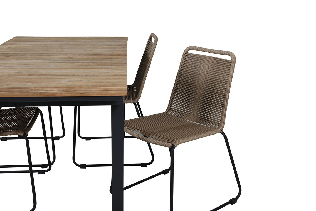 Rechteckiger Esstisch aus Teak und Aluminium in Natur mit zwei Esszimmerstühlen in Braun mit Pulverbeschichtung, Outdoor-Set von Venture Home.
