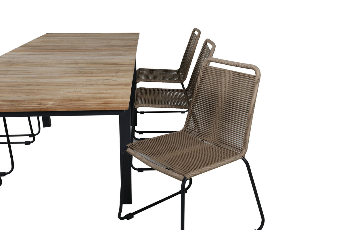 Rechteckiger Esstisch aus Teak und Aluminium in Natur mit zwei Esszimmerstühlen in Braun mit Pulverbeschichtung, Outdoor-Set von Venture Home.