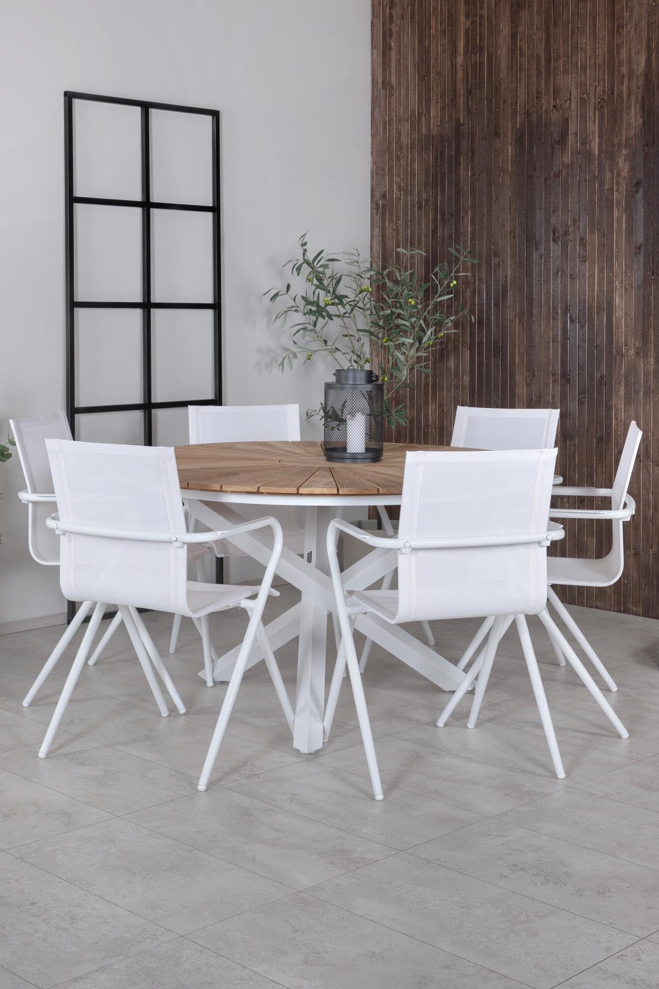 Elegantes Gartenset für 6, mit wetterfestem Tisch und bequemen Alina-Stühlen. Ideal für entspannte Outdoor-Momente.