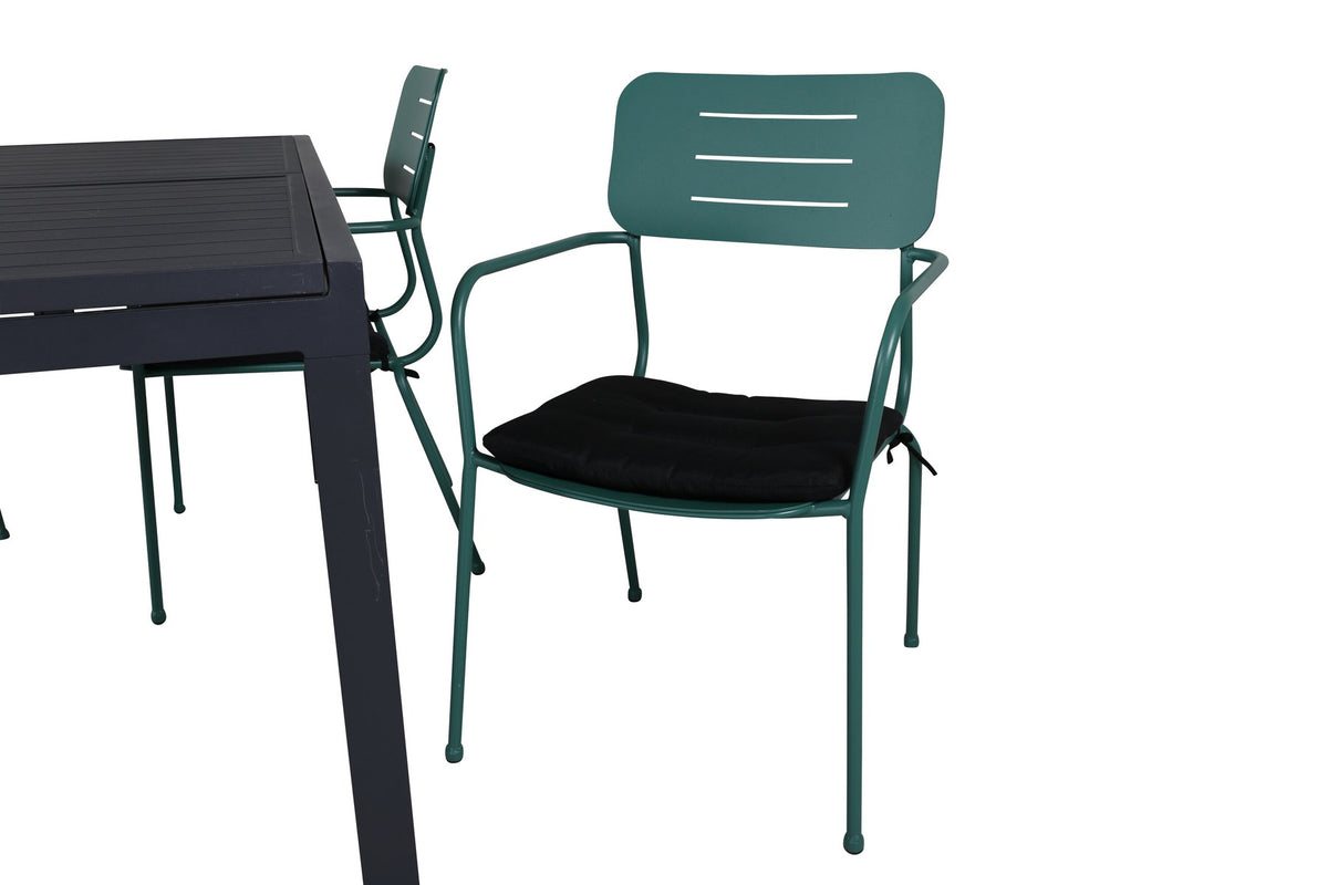 Gartentischset aus Aluminium: schwarzer, ausziehbarer Esstisch 160x100 cm und zwei grüne, stapelbare Aluminiumstühle mit Polyesterbezug.