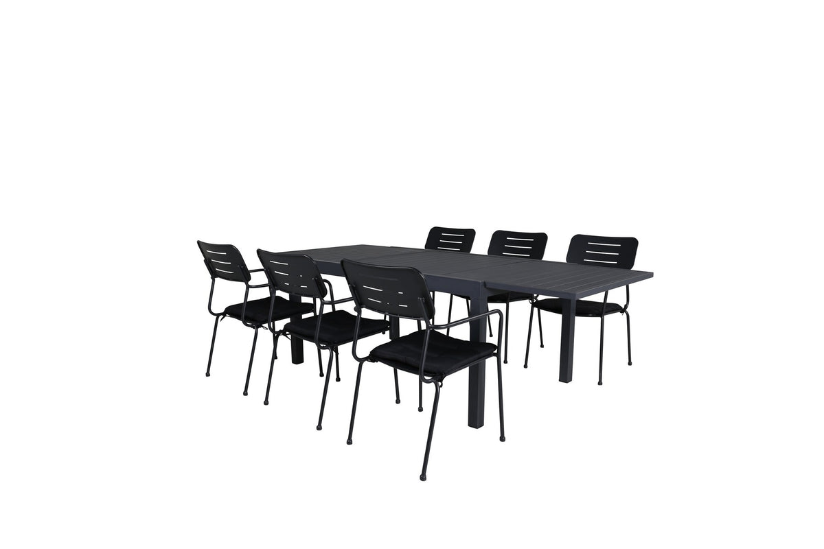 Schwarzes Gartentischset aus Aluminium: rechteckiger Esstisch 160x100 cm mit Aluminium-Tischplatte und zwei Stapelstühle mit Polyesterbezug.