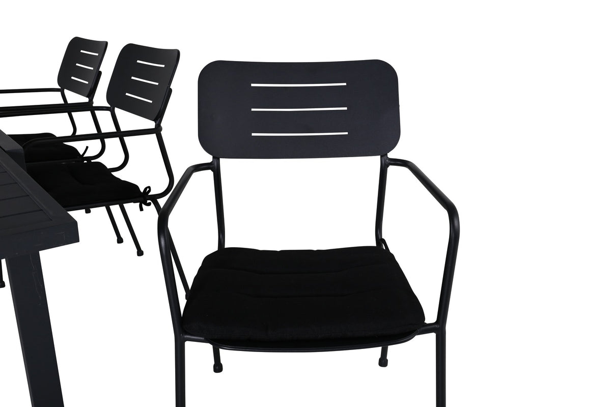 Schwarzes Gartentischset aus Aluminium: rechteckiger Esstisch 160x100 cm mit Aluminium-Tischplatte und zwei Stapelstühle mit Polyesterbezug.