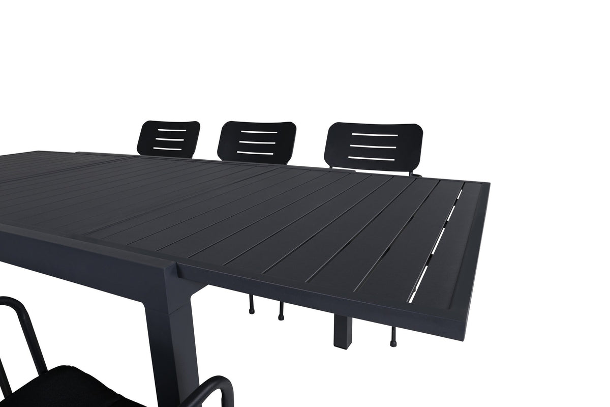 Schwarzes Gartentischset aus Aluminium: rechteckiger Esstisch 160x100 cm mit Aluminium-Tischplatte und zwei Stapelstühle mit Polyesterbezug.
