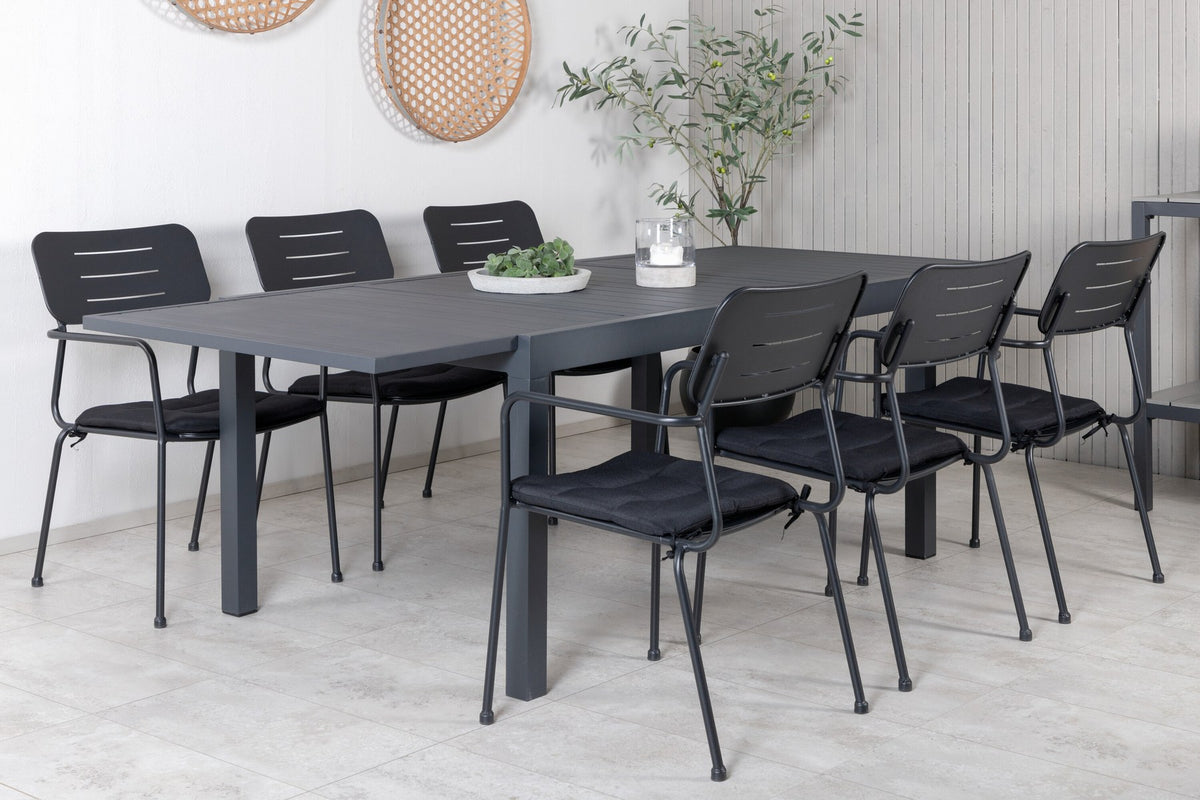 Schwarzes Gartentischset aus Aluminium: rechteckiger Esstisch 160x100 cm mit Aluminium-Tischplatte und zwei Stapelstühle mit Polyesterbezug.