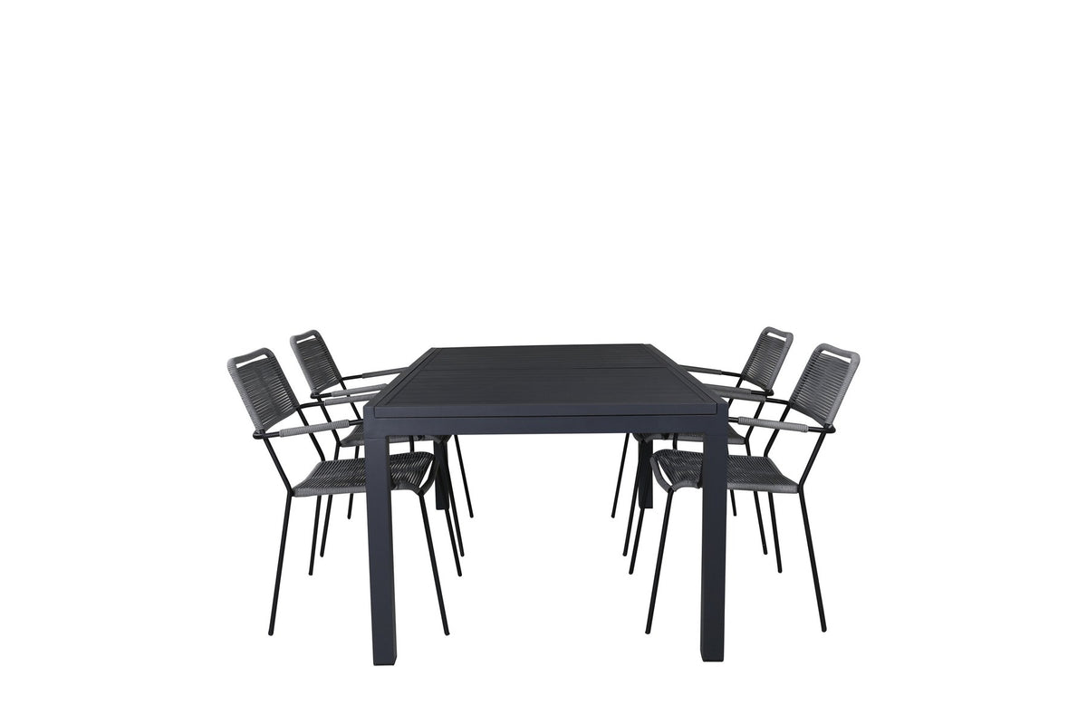 Rechteckiger Aluminium-Esstisch schwarz mit zwei pulverbeschichteten Stühlen in Grau, Gartentischset von Venture Home.