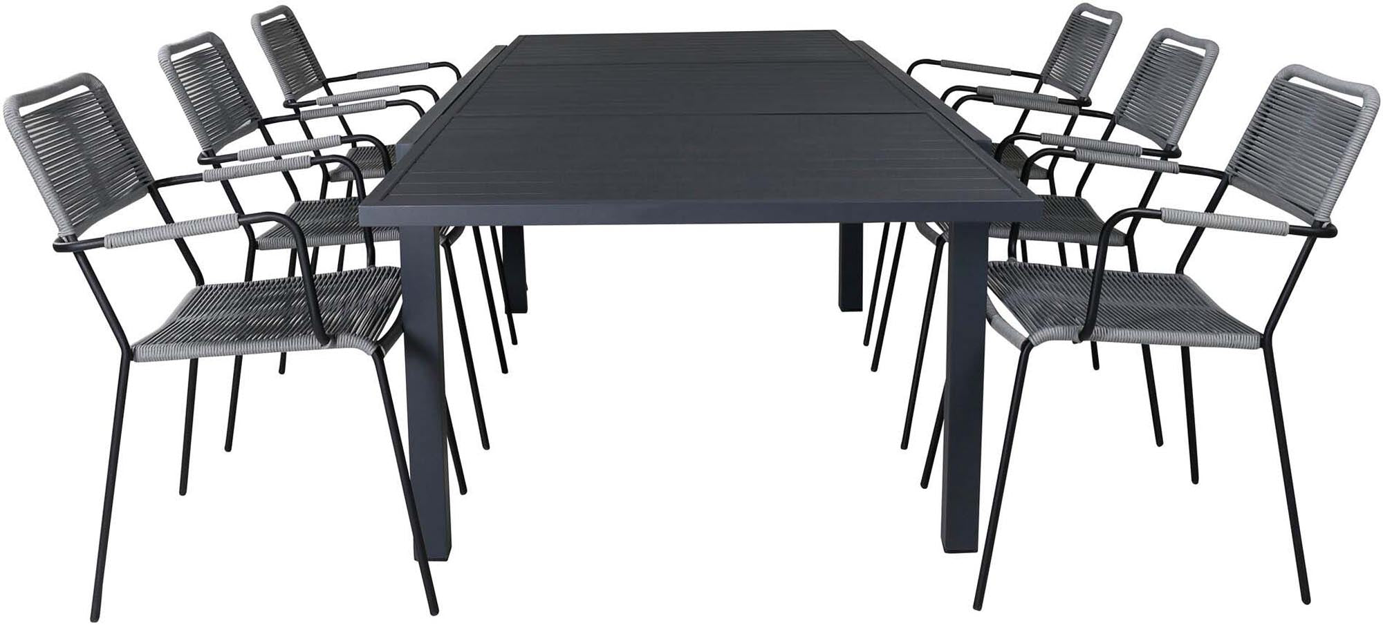 Stilvolles Marbella Outdoor-Tischset, ausziehbar, für 6 Personen. Wetterfest, ideal für gesellige Abende im Freien.