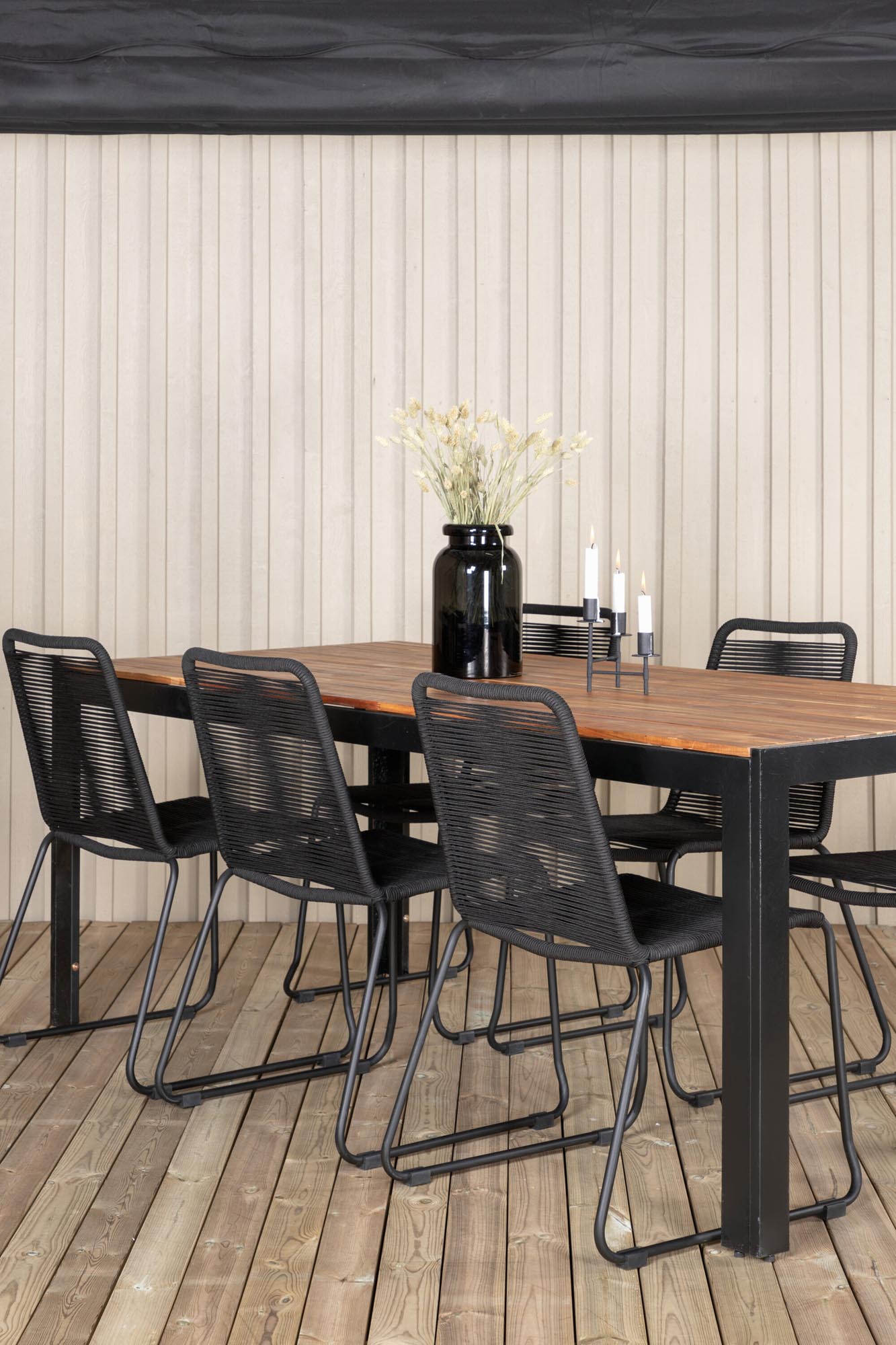 Stilvolles Bois Outdoor-Tischset von Venture Home: 205cm Tisch, 6 Lindos Stühle, robustes Holz, modernes Seil-Design, wetterfest.