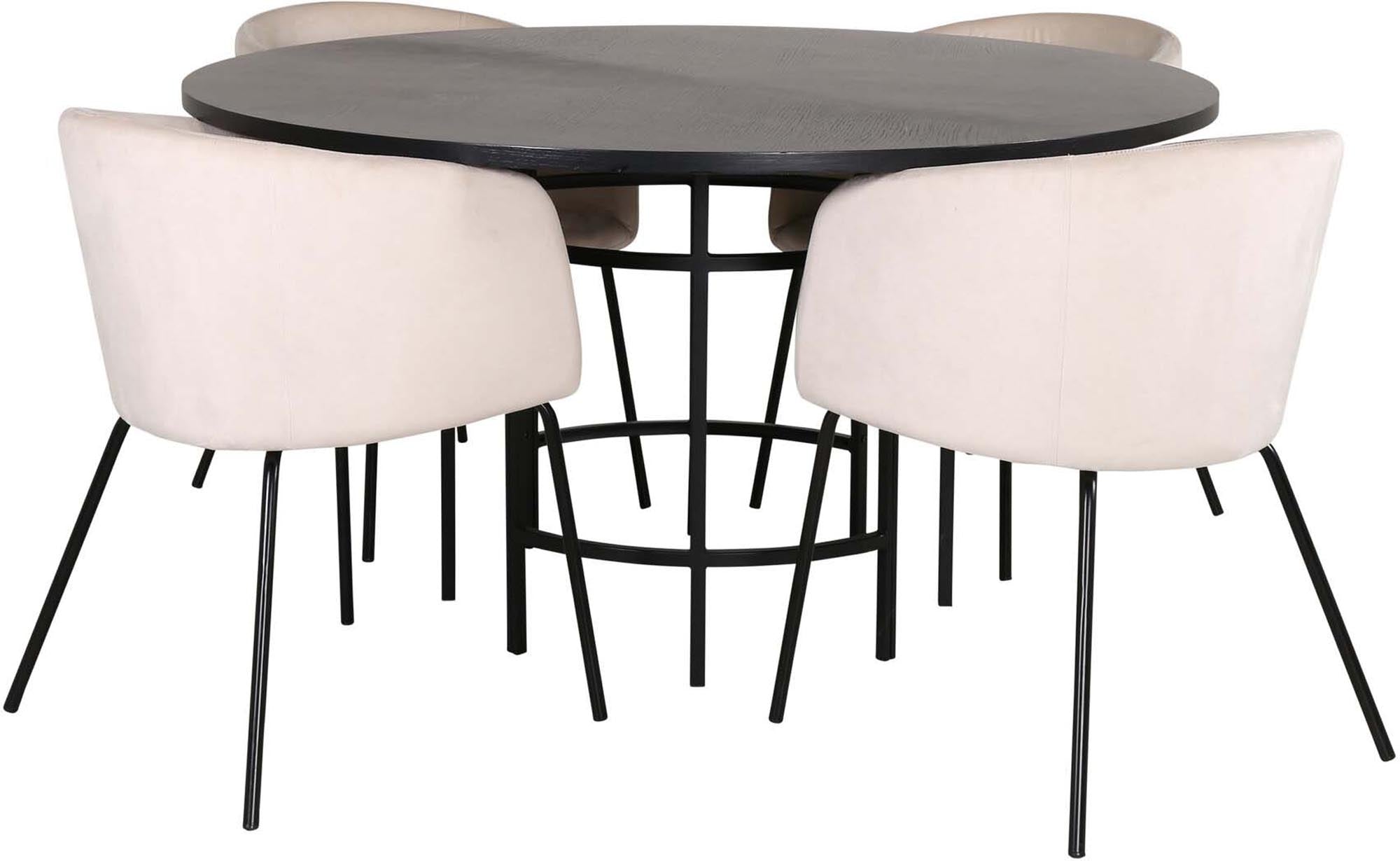 Erleben Sie das Esszimmerset Copenhagen + Berit: Ein runder Tisch mit 140 cm Durchmesser und bequemen Stühlen für stilvolle Essensmomente.