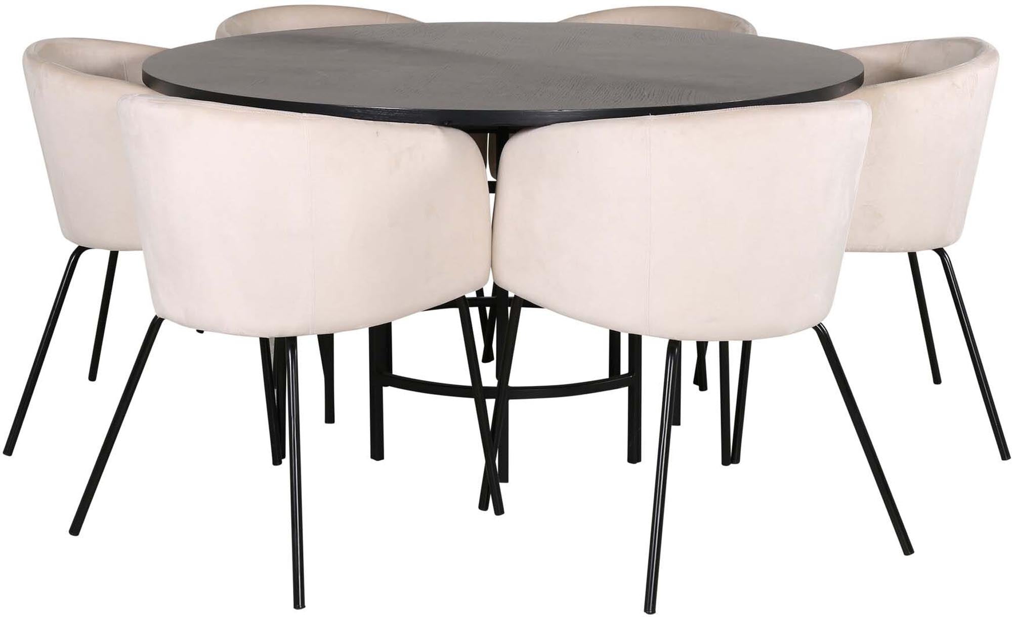 Elegantes Esszimmerset Copenhagen + Berit mit 140 cm Tisch und 6 stilvollen Stühlen für gemütliche Familienessen und festliche Anlässe.