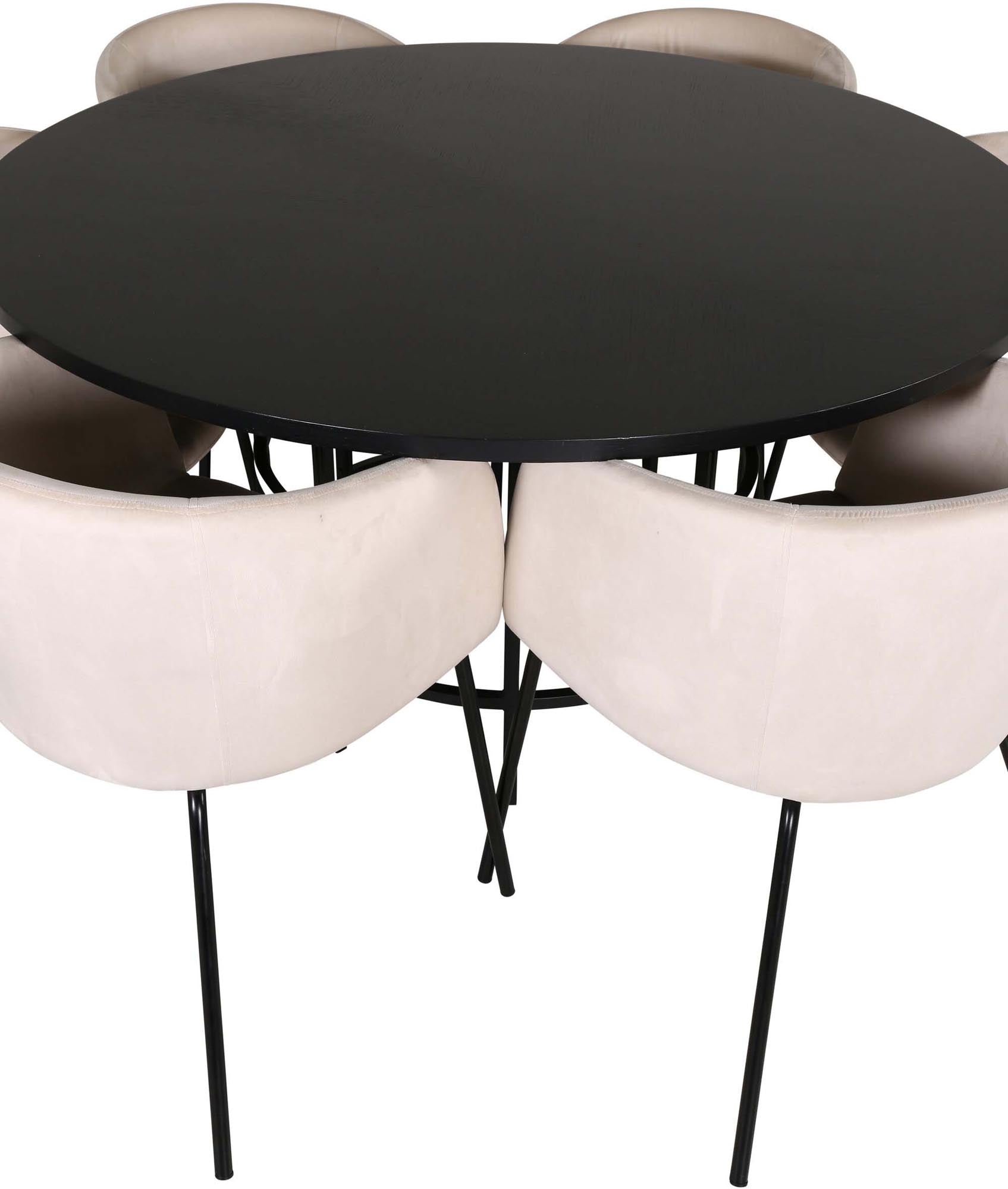 Elegantes Esszimmerset mit rundem Tisch und bequemen Stühlen für unvergessliche Dinner mit Familie und Freunden.