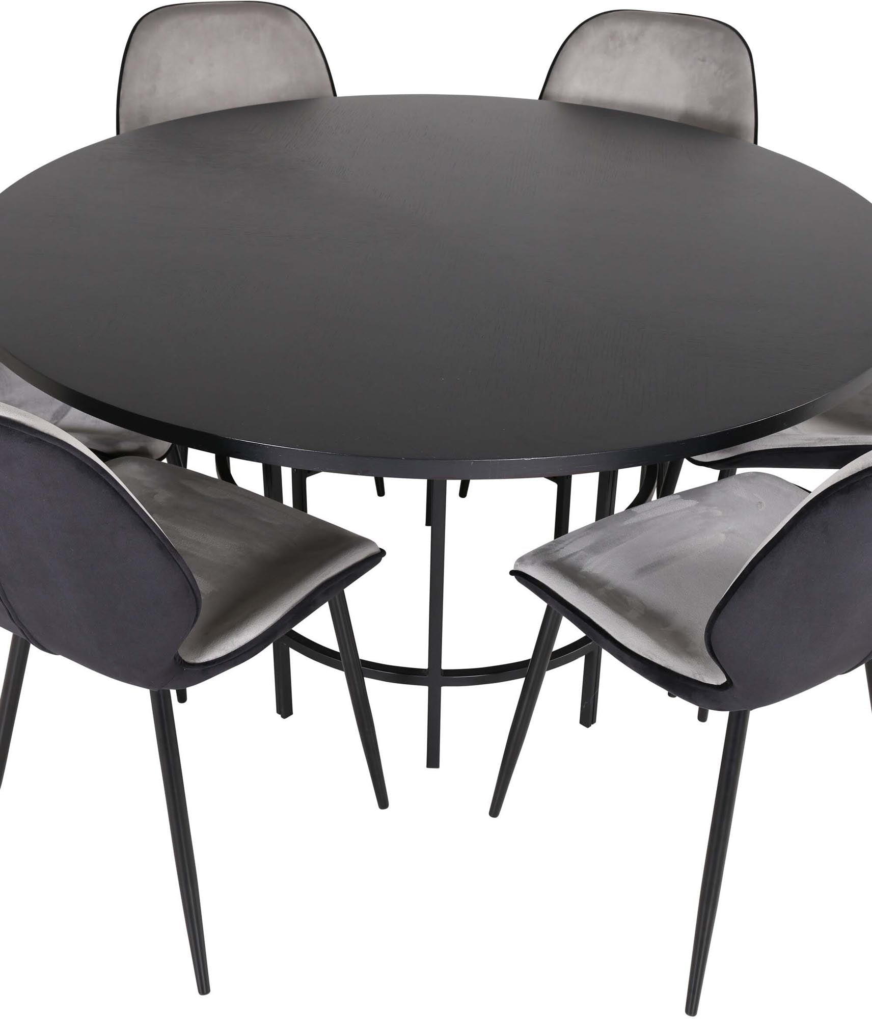 Stilvolles Esszimmerset mit runden Tisch und 6 bequemen Emma-Stühlen. Perfekt für gesellige Abende und modernes Ambiente.