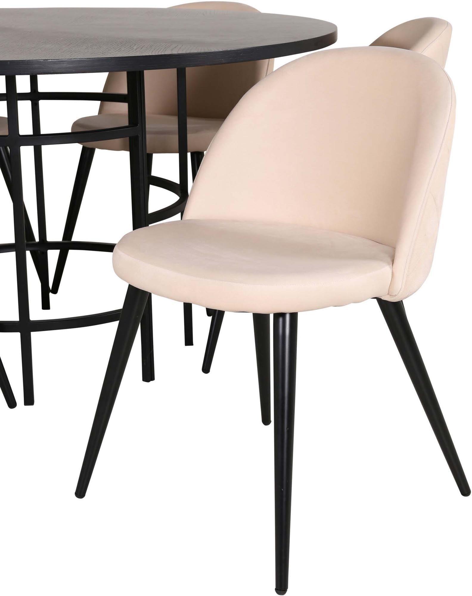 Stilvolles Esszimmerset Copenhagen + Velvet für gesellige Anlässe. Runder Tisch und luxuriöse Stühle schaffen eine einladende Atmosphäre.