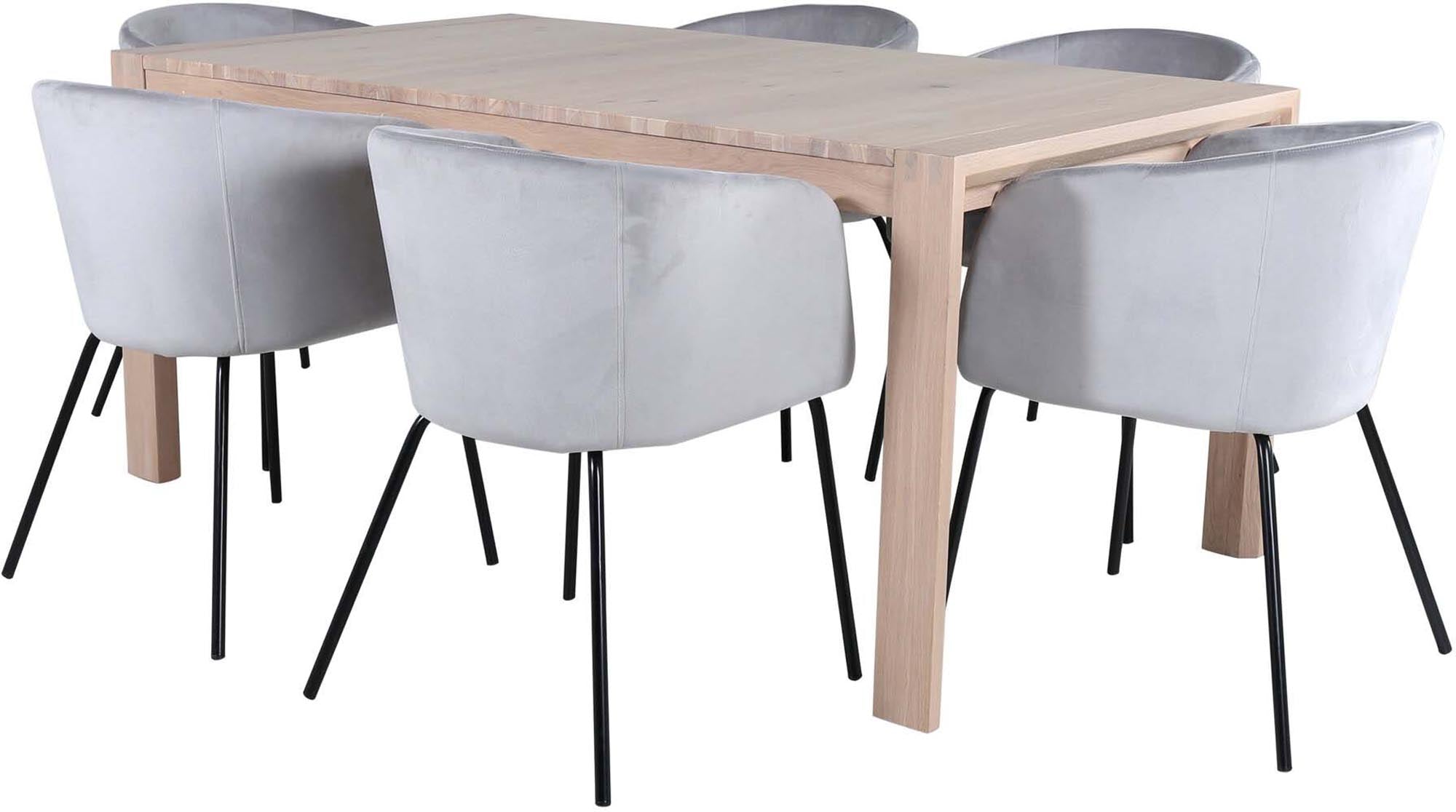 Erleben Sie das Slider Esszimmerset von Venture Home: Ein ausziehbarer Tisch (170-250 cm) und 6 luxuriöse Berit Stühle in beigem Samt für Ihr Esszimmer.