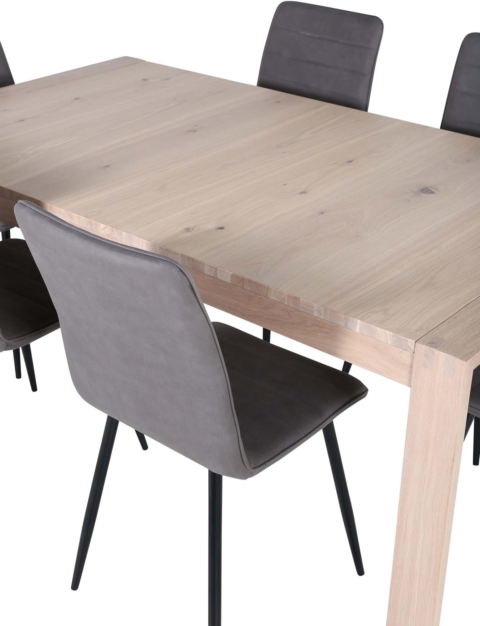 Slider Esszimmerset von Venture Home: Ausziehbarer Tisch (170-250 cm) mit 6 eleganten Windu Stühlen aus grauer Mikrofaser. Ideal für stilvolle Dinnerpartys!