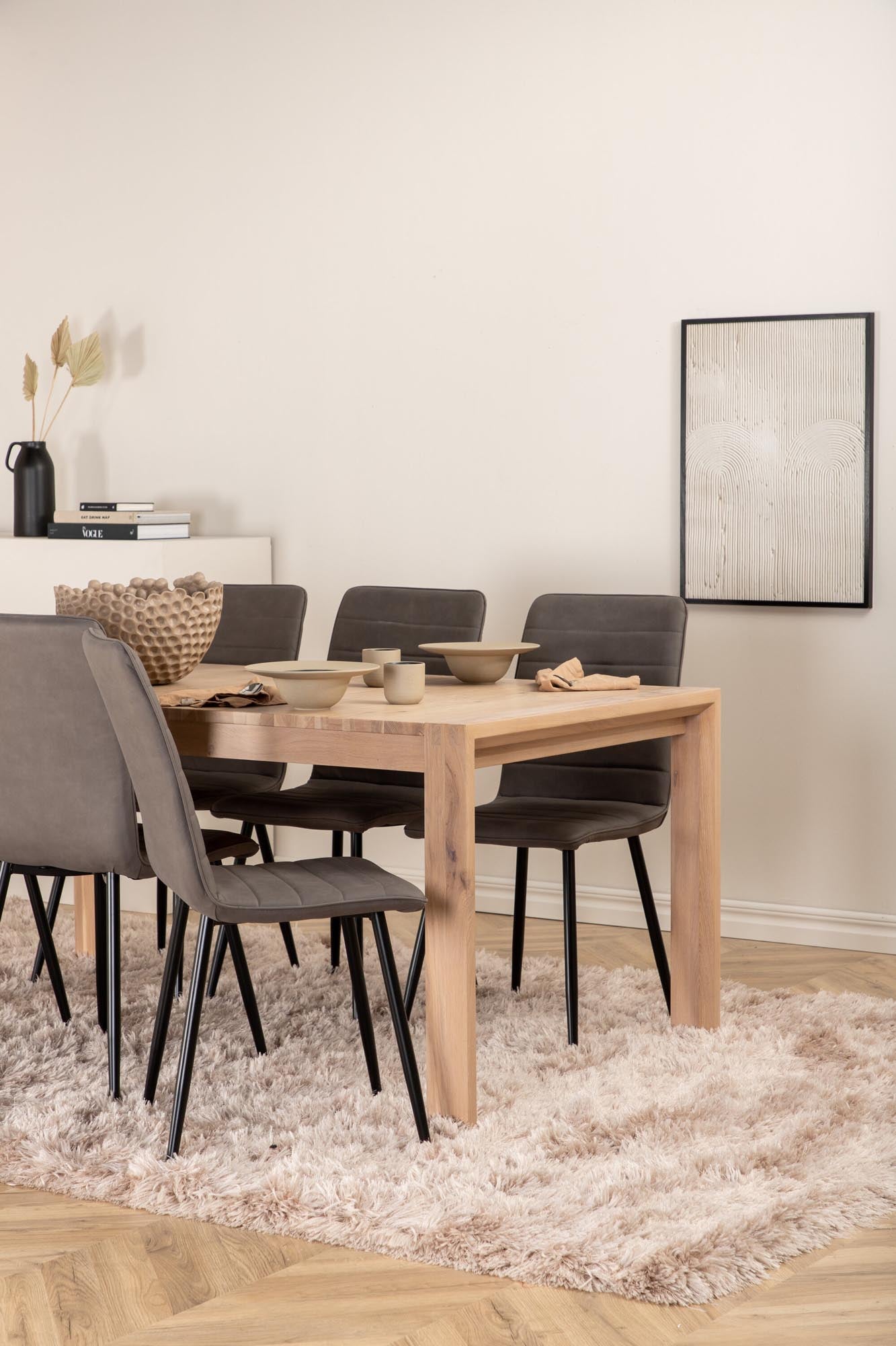 Elegantes, ausziehbares Esszimmerset mit 6 Windu Stühlen aus grauer Mikrofaser, Eichenfurnier-Tisch, ideal für stilvolle Dinner.