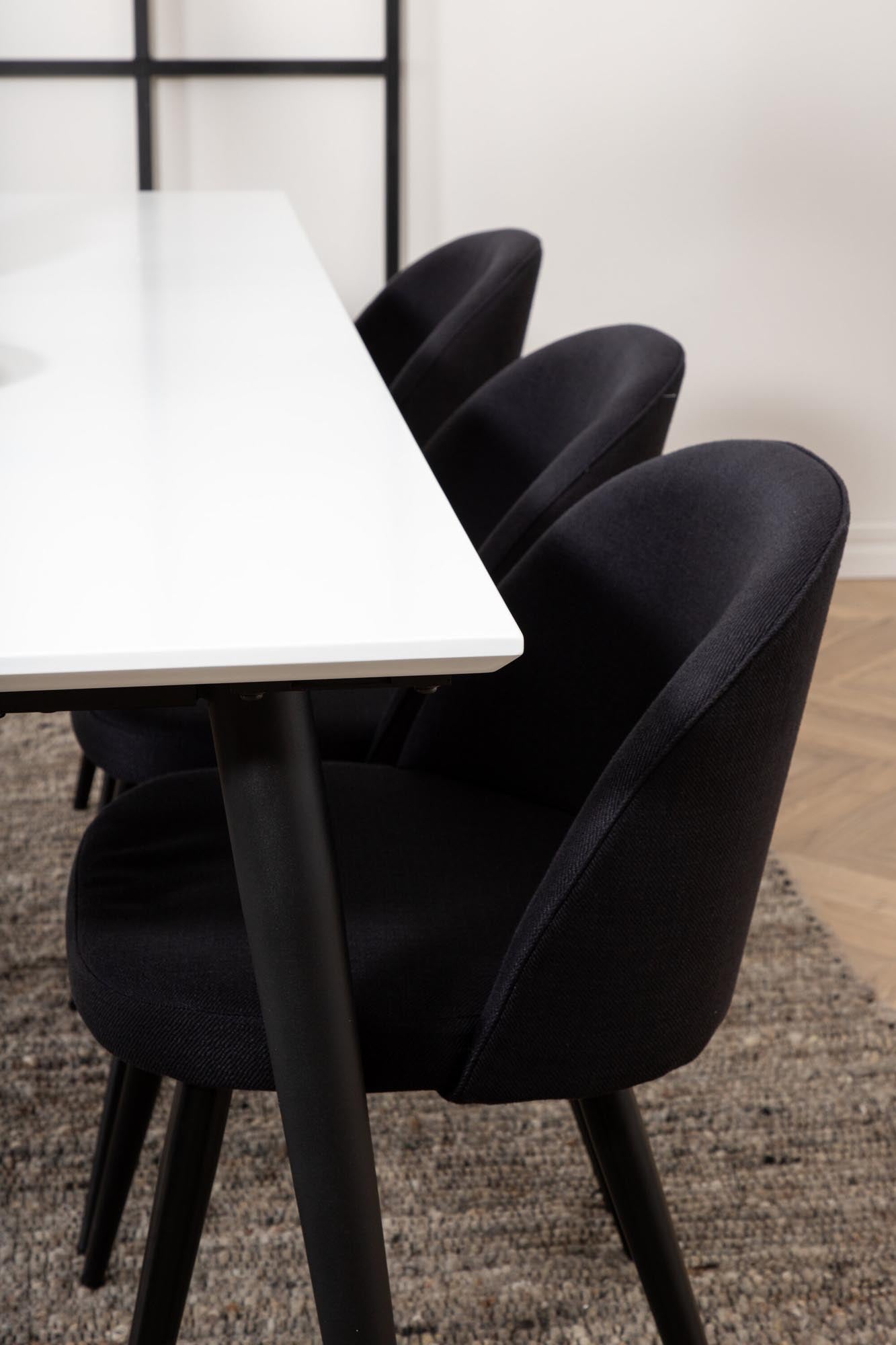 Entdecken Sie das elegante Jimmy Esszimmerset von Venture Home: Ausziehbarer Tisch und 6 stilvolle Velvet-Stühle für Komfort und Stil.