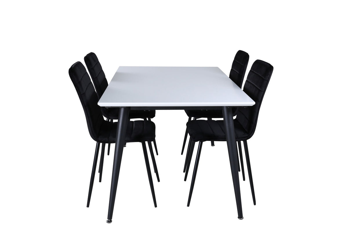 Rechteckiger Esstisch mit weisser HPL/MDF-Platte und schwarzen Stahlbeinen neben zwei schwarzen Esszimmerstühlen mit Bugholzgestell und Polstersitz.