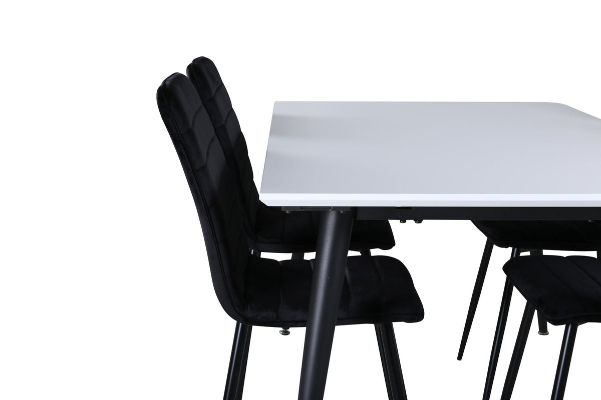 Rechteckiger Esstisch mit weisser HPL/MDF-Platte und schwarzen Stahlbeinen neben zwei schwarzen Esszimmerstühlen mit Bugholzgestell und Polstersitz.