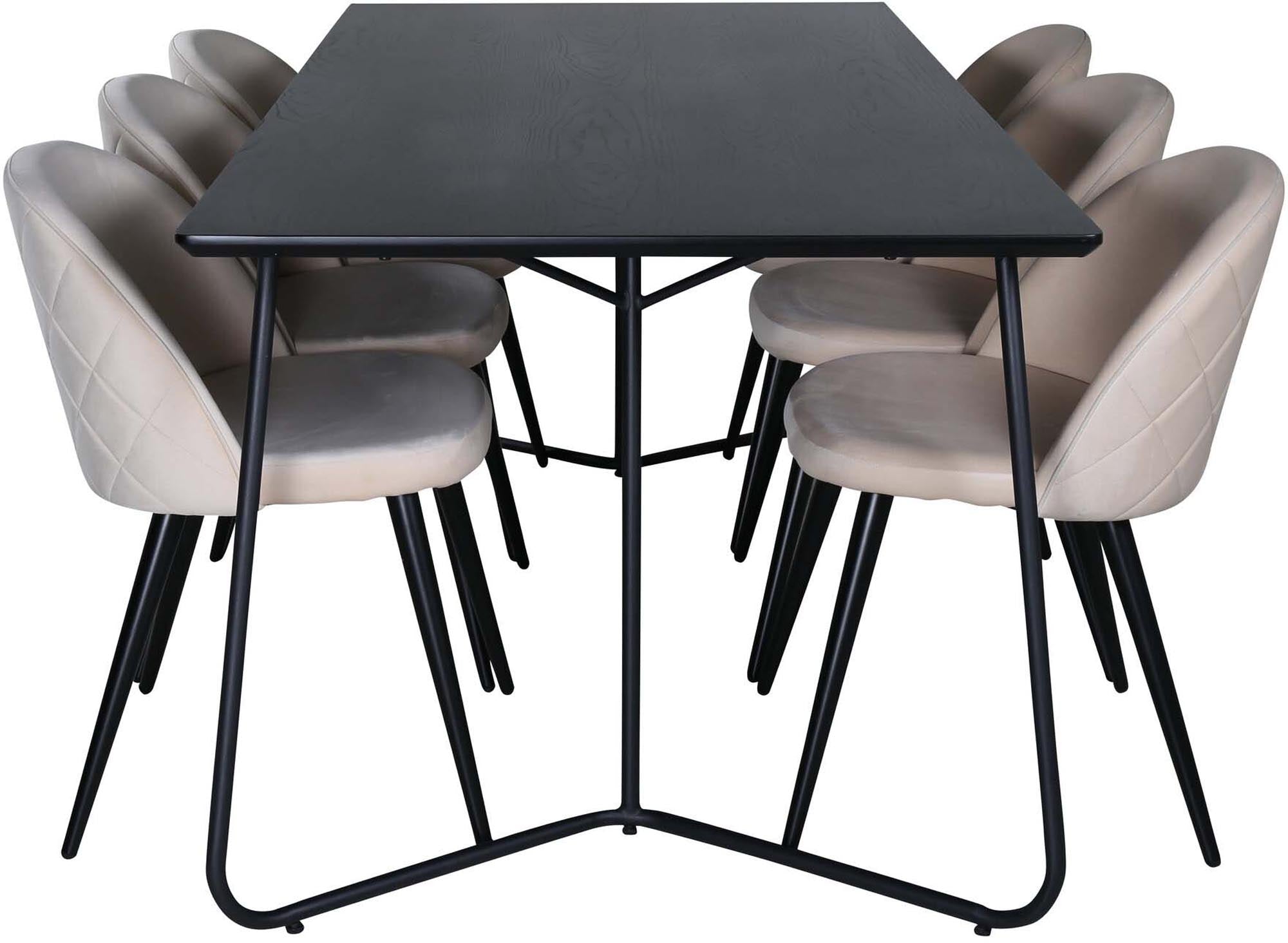 Elegantes Petra Esszimmerset von Venture Home: 190 cm Tisch mit 6 stilvollen Velvet Stitches-Stühlen für Komfort und modernes Design.