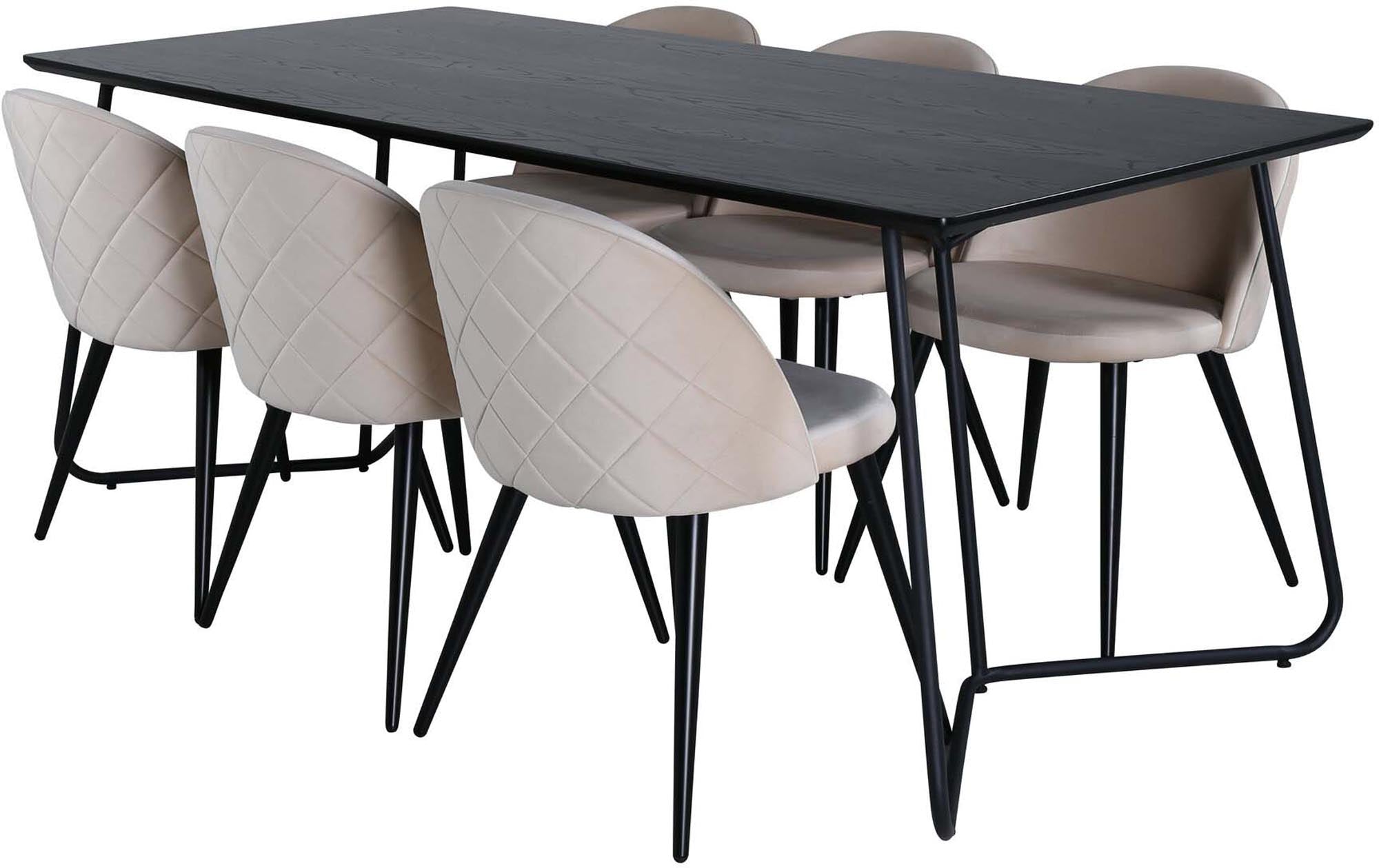 Gestalten Sie Ihr Esszimmer mit dem eleganten Petra Esszimmerset von Venture Home: 190 cm Tisch und 6 stilvollen Velvet Stitches-Stühlen für Komfort und Stil.