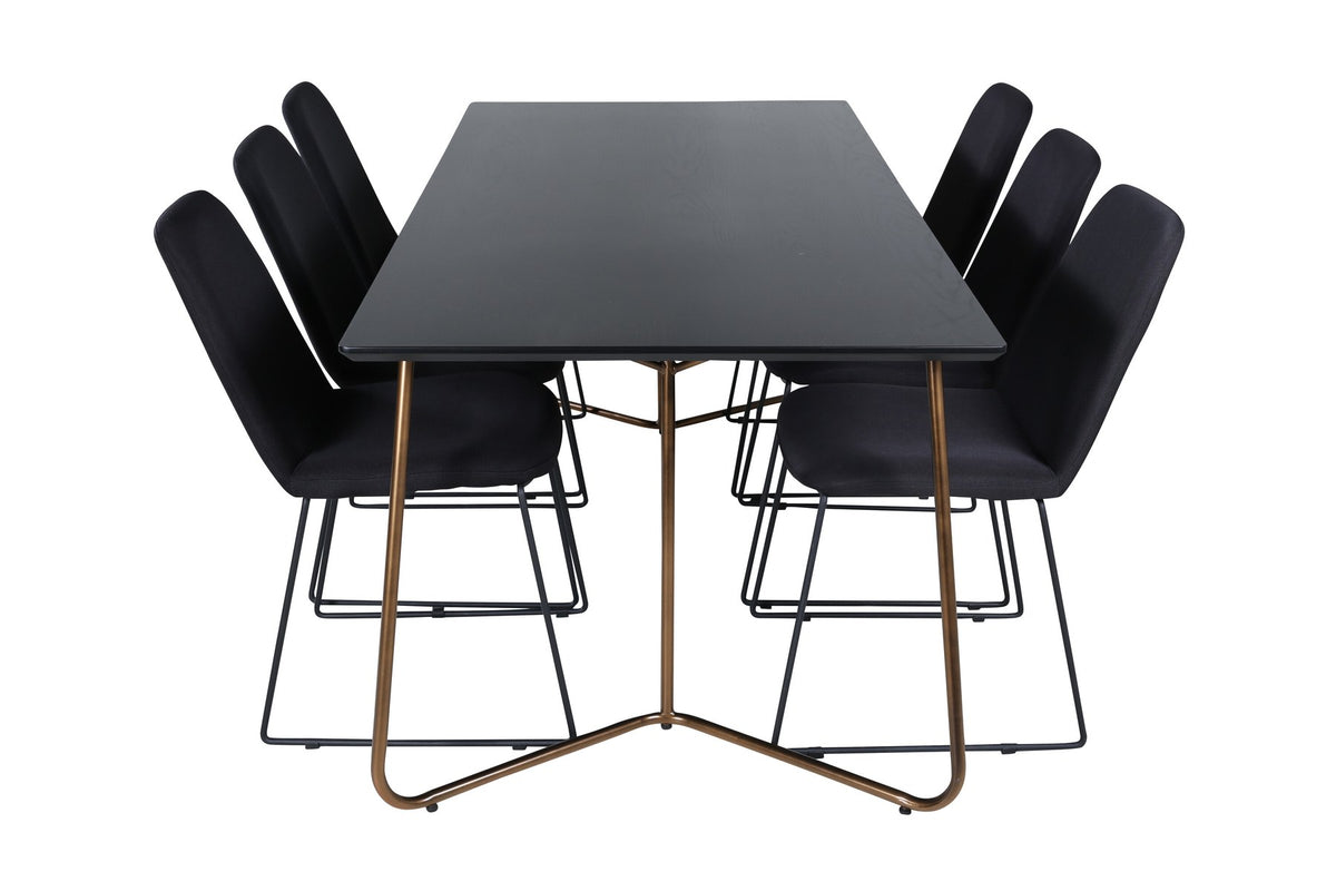 Schwarzes Esszimmerset Petra von Venture Home: Esstisch mit Tischplatte aus MDF und Furnier sowie sechs Stühle Muce mit Stahlbeinen.