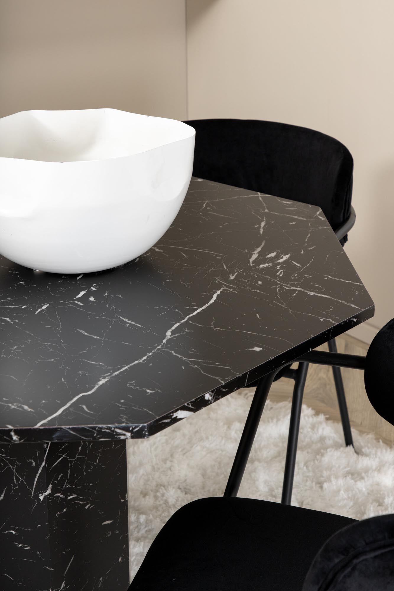 Elegantes Esszimmerset mit Achtecktisch aus schwarzem Marmorglas und komfortablen Samtstühlen für gesellige Abende und luxuriöse Atmosphäre.