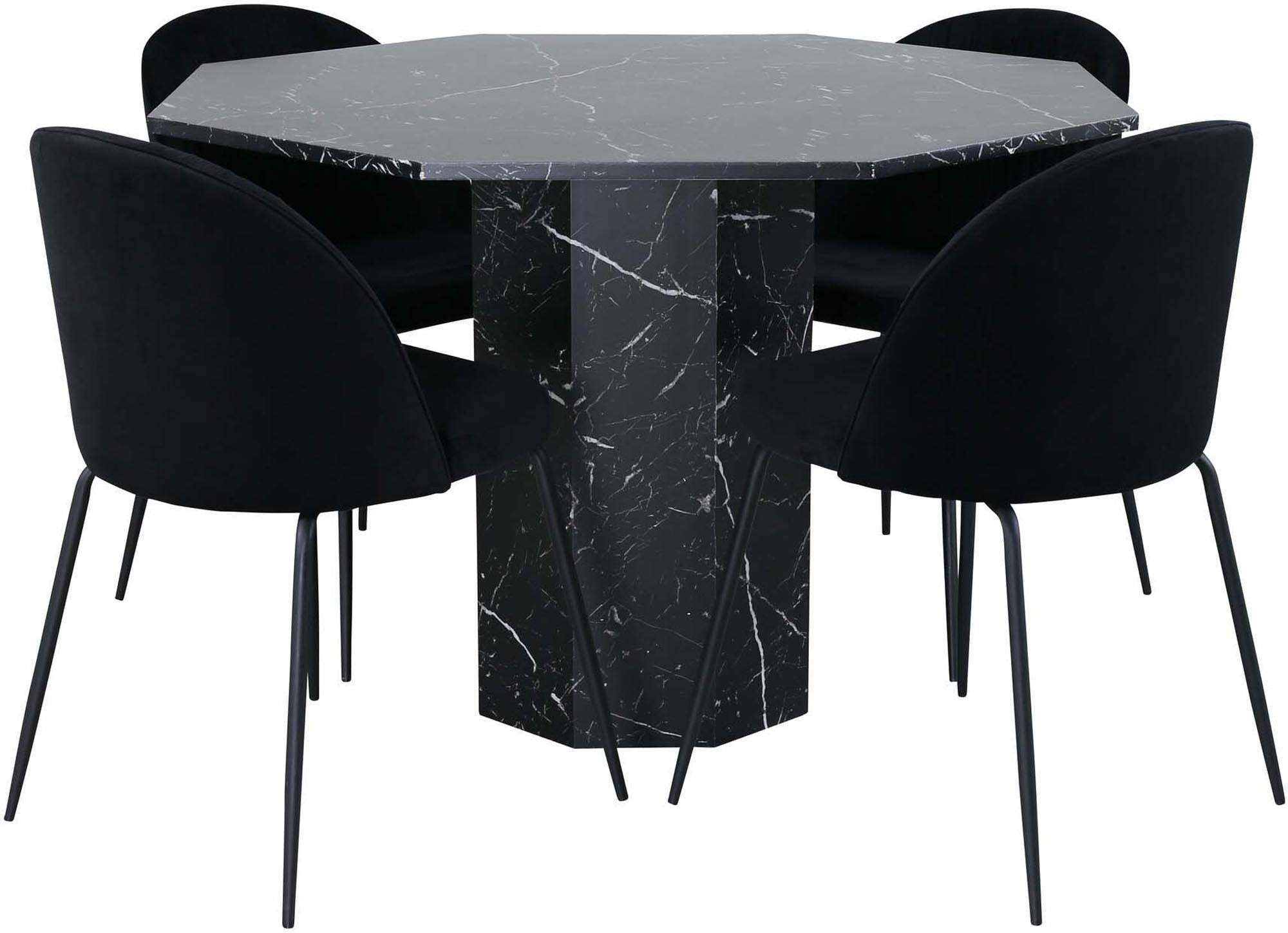Elegantes Marbs Esszimmerset: Schwarzes Marmorglas, komfortable Samtstühle, modernes Design. Perfekt für stilvolle Dinnerabende.