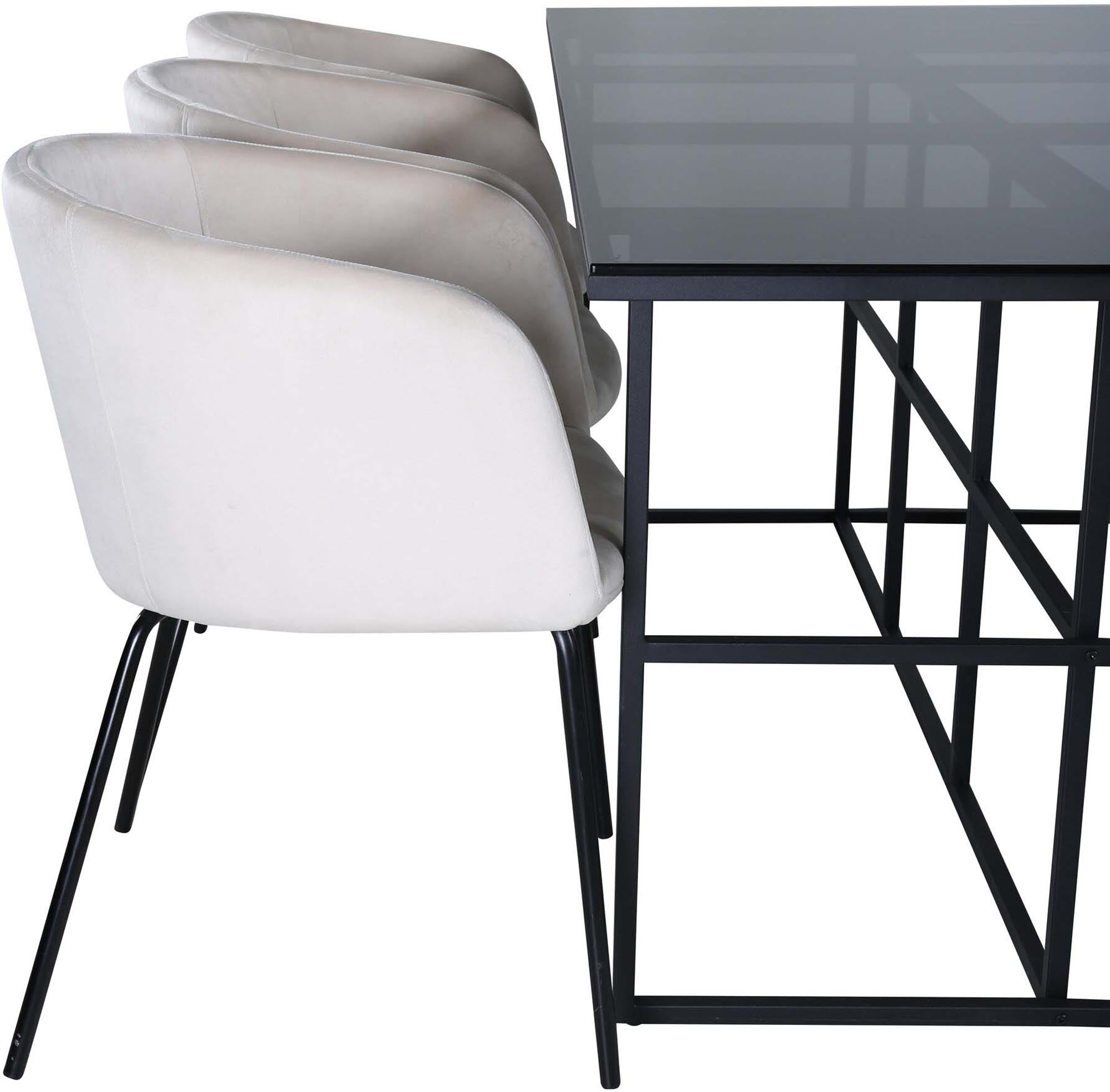 Modernes Esszimmerset mit elegantem Rauchglastisch und komfortablen Samtstühlen für unvergessliche Dinnerpartys.