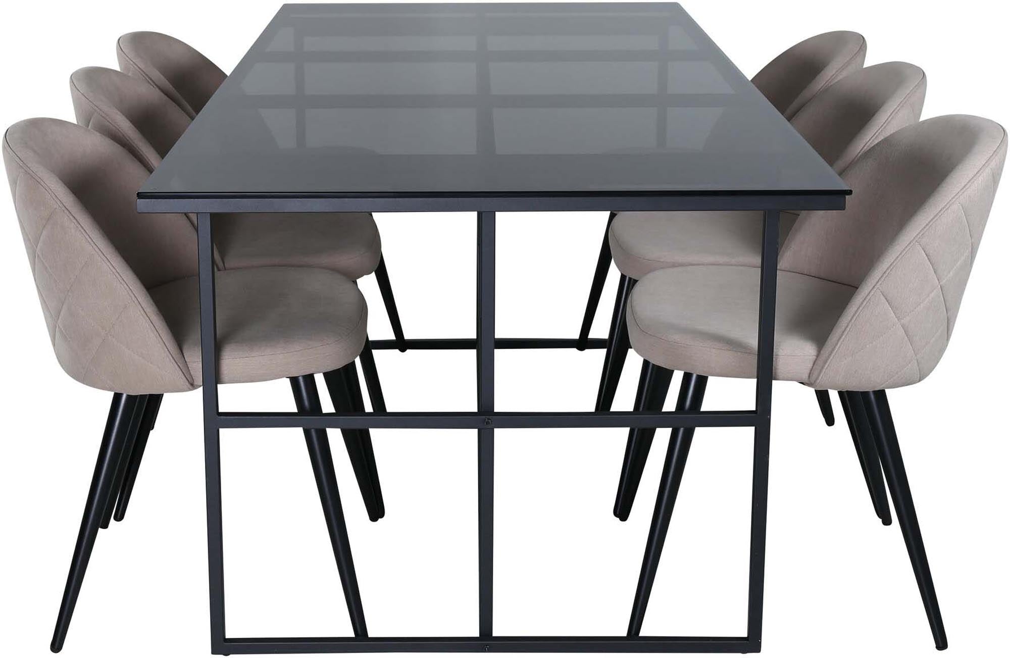 Entdecken Sie das Leif Esszimmerset von Venture Home: 200 cm Esstisch mit eleganten Samtstühlen für stilvolle Esszimmer-Momente.