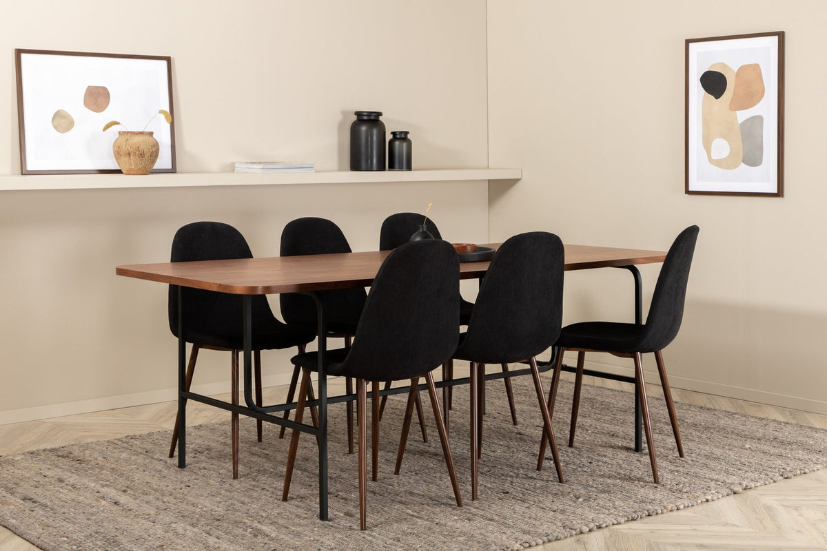 Rechteckiger Esstisch mit Nussbaum-Furnierplatte aus MDF und schwarzem Stahluntergestell, umgeben von sechs gepolsterten Polar Stühlen mit schwarzem Polyesterbezug.