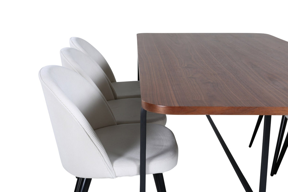 Rechteckiger Esstisch mit Nussbaum-MDF-Platte und Stahlgestell, kombiniert mit Esszimmerstühlen mit Creme Polyester-Cord-Bezug und Stahlbeinen.