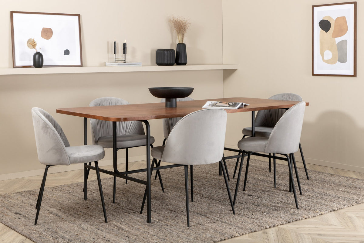 Esszimmerset Uno mit rechteckigem MDF-Tisch in Nussbaum-Furnier und schwarzem Stahlgestell, sechs Wrinkles Stühle mit grauem Samtbezug.