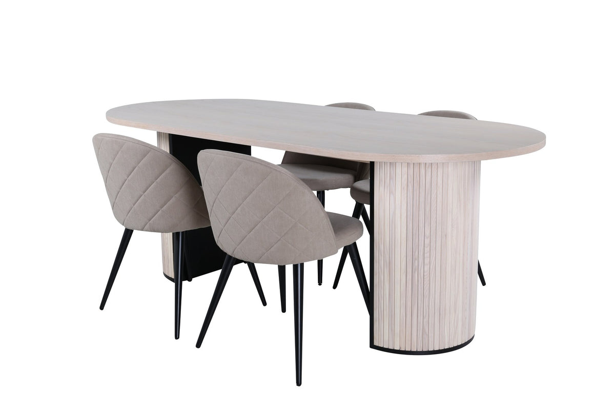 Ovaler Esstisch mit weiss gewaschenem schwarzem Furnier und vier Stühlen mit beige-schwarzem Polyester-Leinen-Bezug und Samtnähten