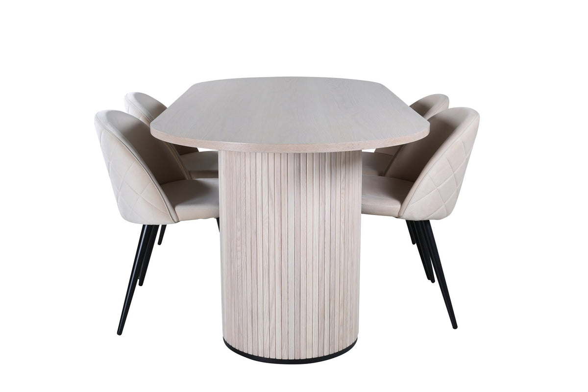 Ovaler Esstisch mit weiss gewaschenem schwarzem Furnier und vier Stühlen mit beige-schwarzem Polyester-Leinen-Bezug und Samtnähten