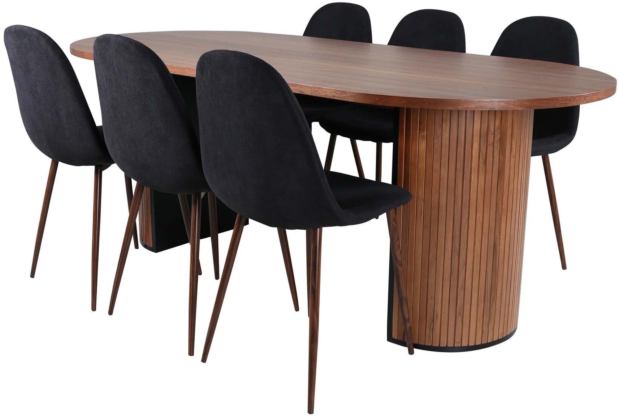 Stilvolles Esszimmerset mit 200 cm langem Tisch und 6 bequemen Samtstühlen. Perfekt für gesellige Runden und festliche Anlässe.