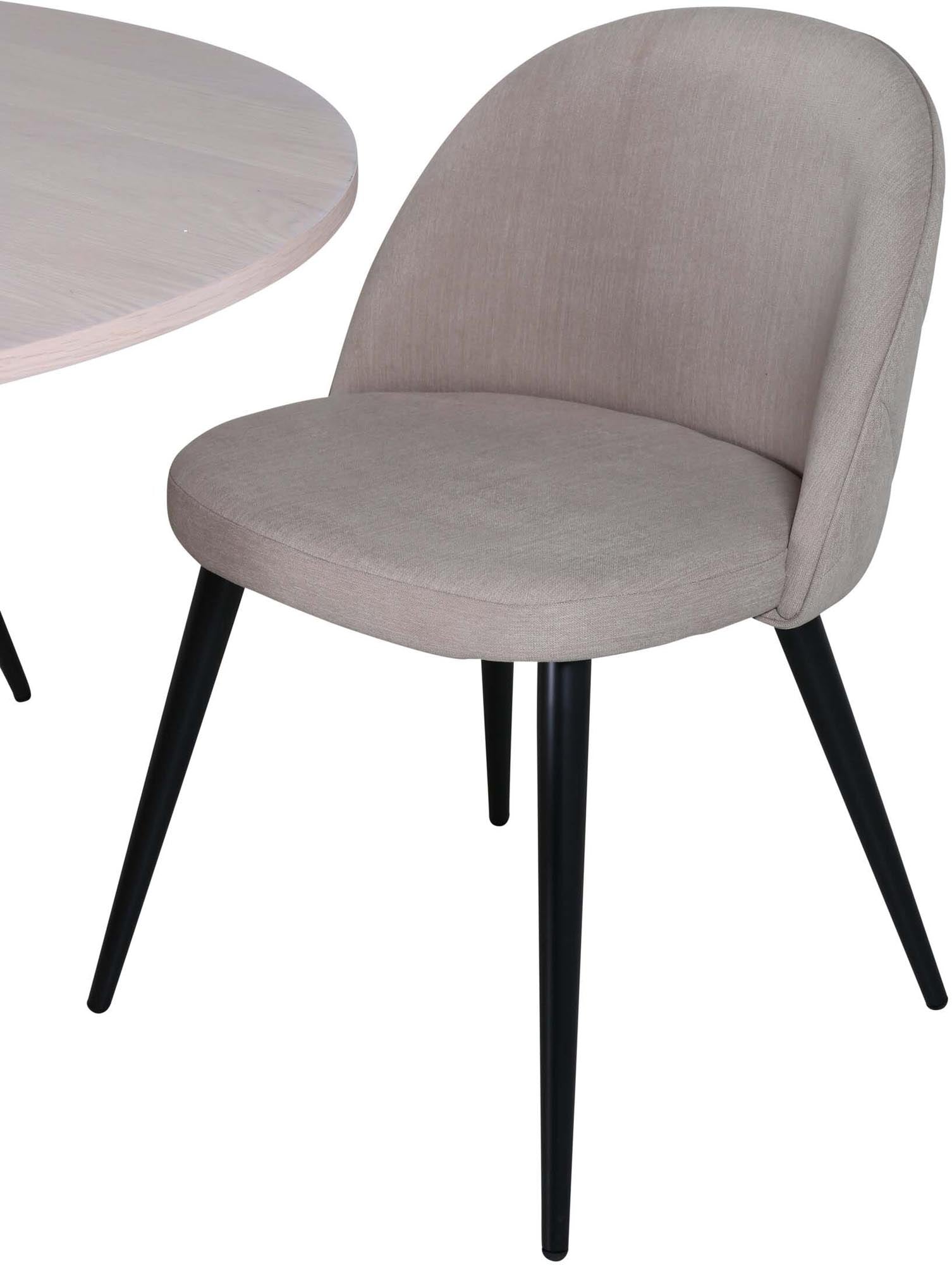 Elegantes Bianca Esszimmerset mit 110 cm Durchmesser. Bequeme Stühle aus pflegeleichtem Polyester-Leinen für gesellige Runden.