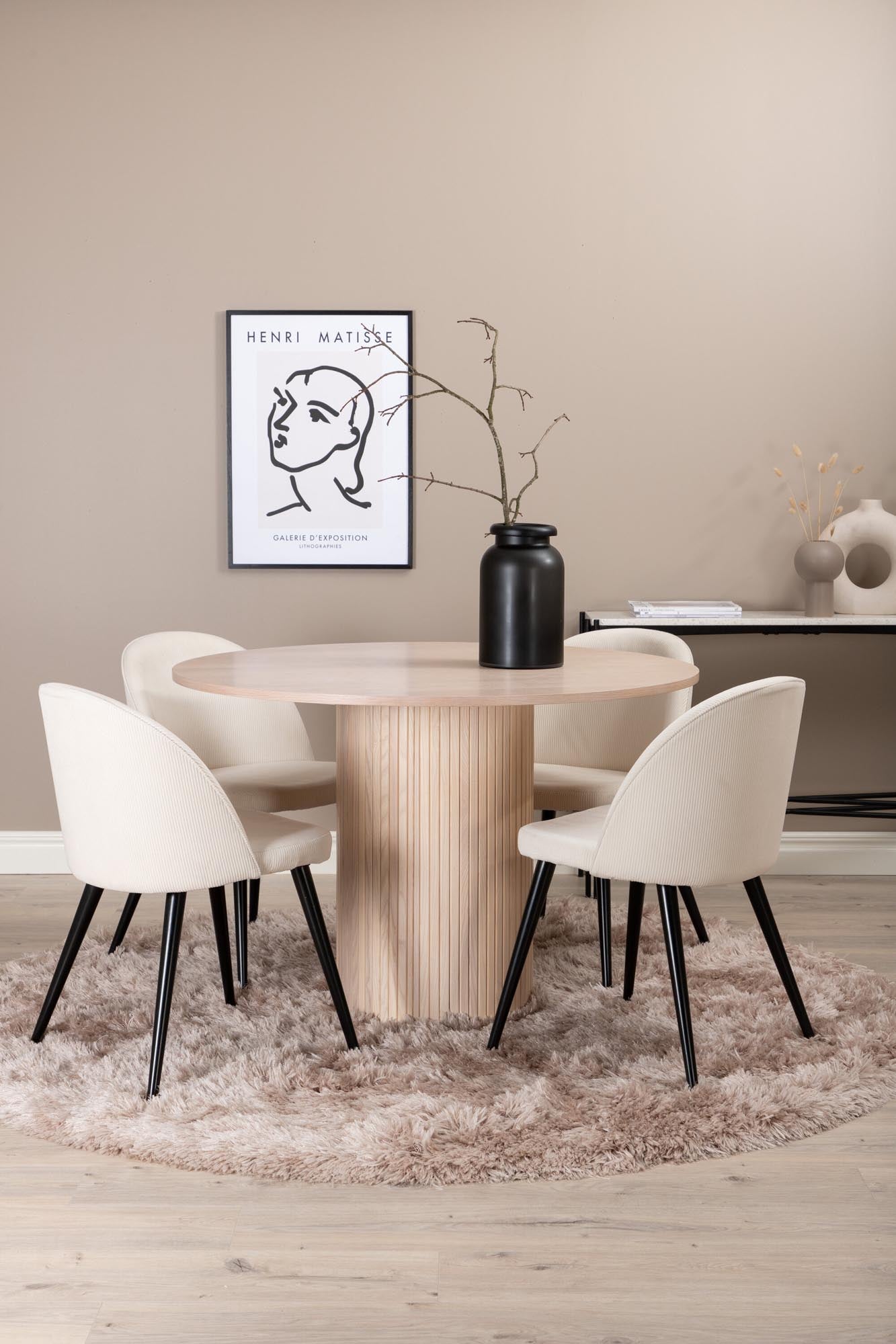 Bianca Esszimmerset: Runder Tisch mit 4 luxuriösen Samtstühlen.