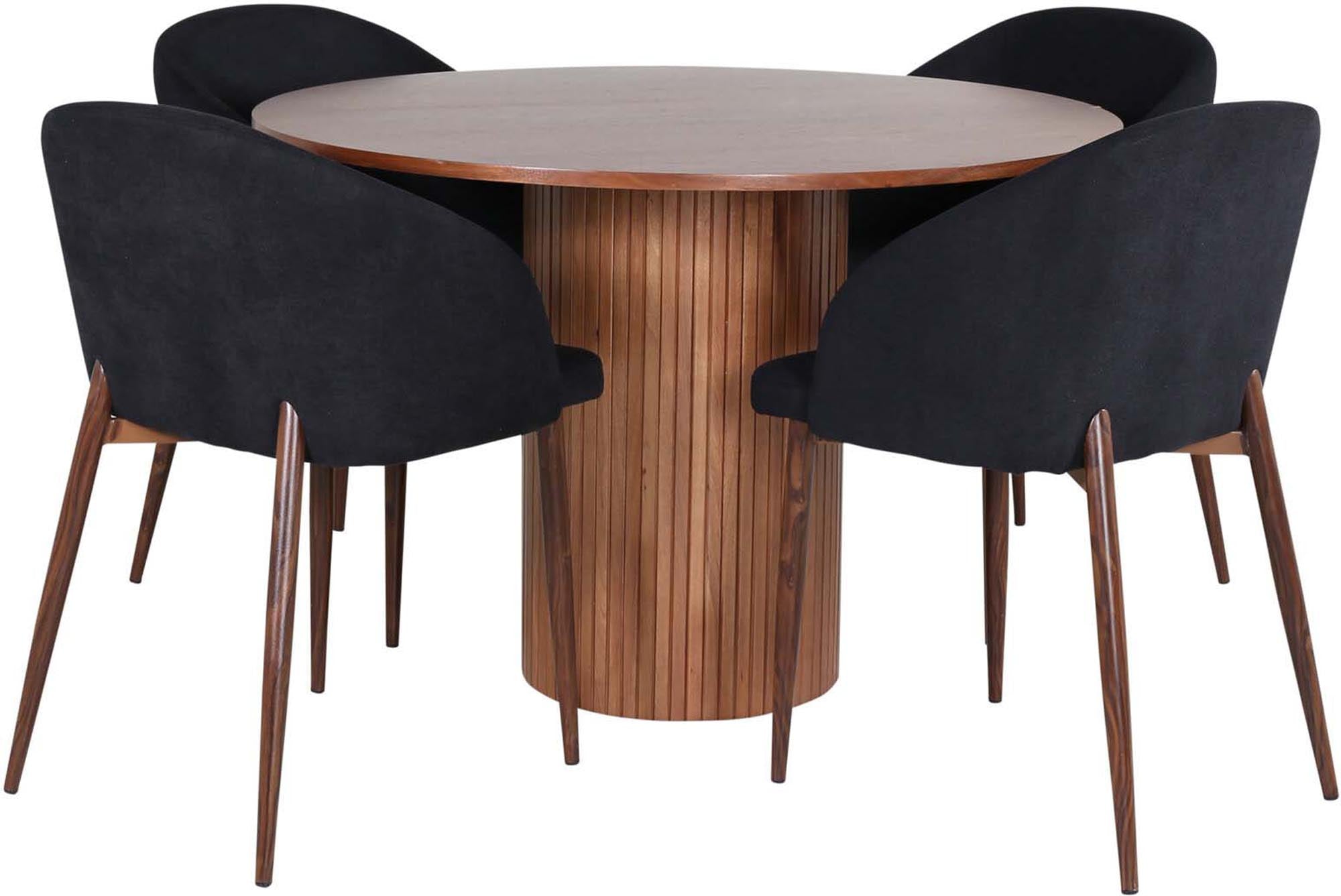 Stilvolles Bianca Esszimmerset: Runder Tisch (⌀110cm) mit Walnussfurnier & 4 bequemen Stühlen. Perfekt für gesellige Runden.