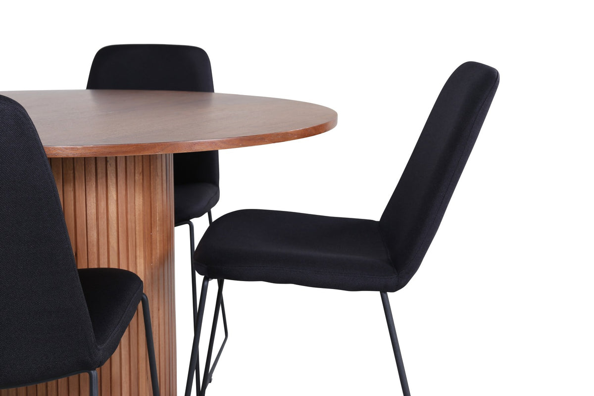Schwarzes Bartischset Bianca mit vier Muce-Stühlen, Tischplatte aus MDF mit Furnier, Stuhlbeine aus schwarzem Metall, Sitz aus Polyester.