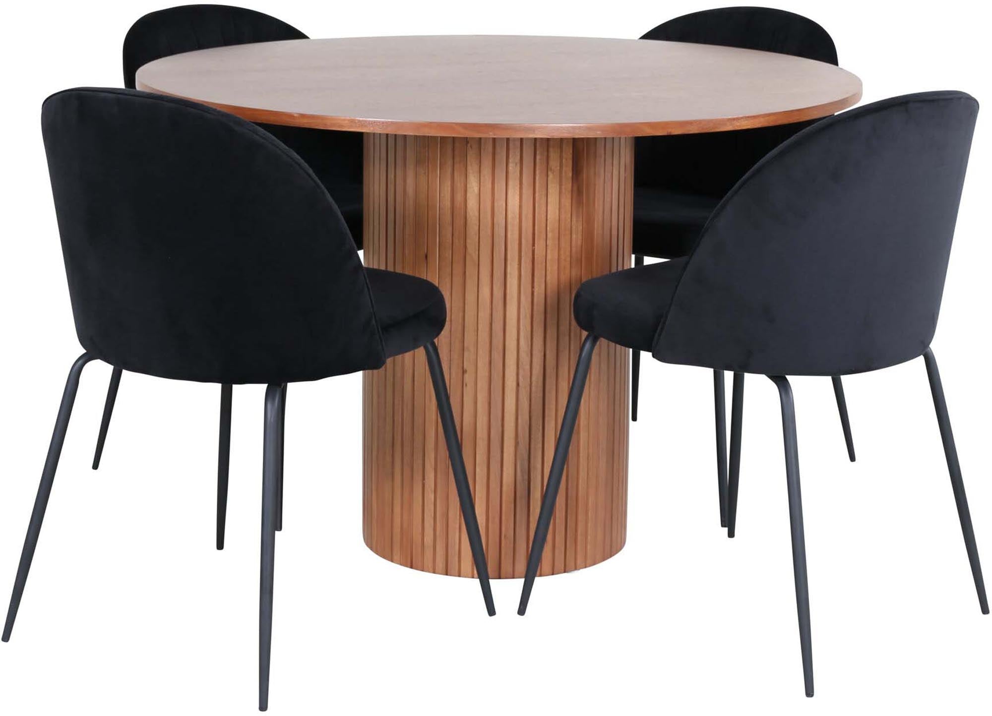 Elegantes Bianca Esszimmerset: runder Tisch (110cm) mit weisser MDF-Platte, 4 luxuriöse Stühle in schwarzem Samt, ideal für gesellige Abende.