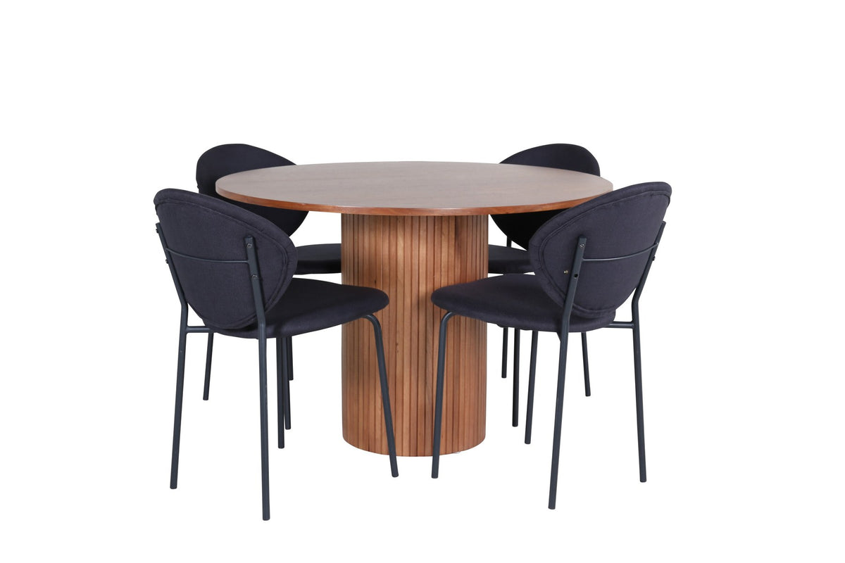 Schwarzes Bartischset Bianca mit rundem MDF-Tisch auf Stahlgestell und vier ovalen Vault-Stühlen mit Polsterkissen