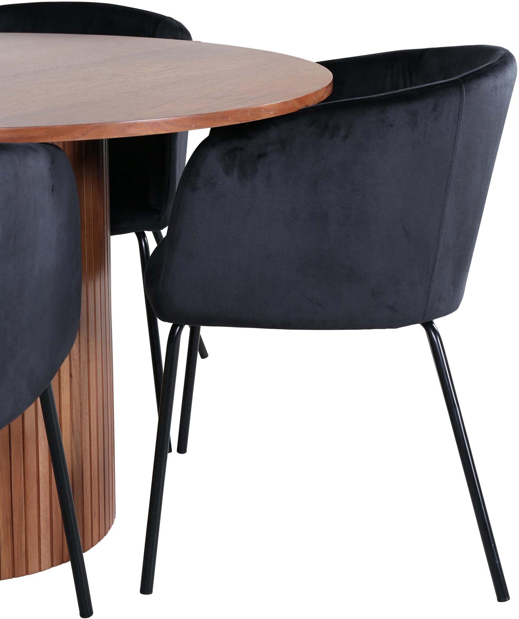 Bianca Esszimmerset + Berit: Eleganter runder Tisch mit 4 beigen Samt-Stühlen, ideal für stilvolle Dinner und gesellige Abende.