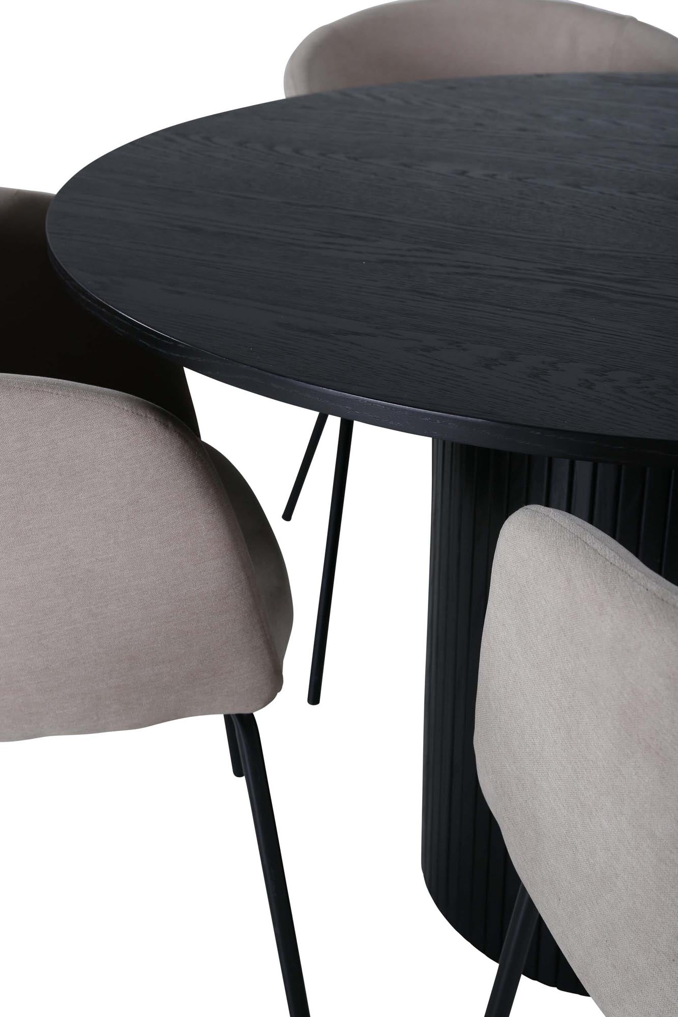 Bianca Esszimmerset + Berit: Eleganter runder Tisch mit 4 beigen Samt-Stühlen, ideal für stilvolle Dinner und gesellige Abende.