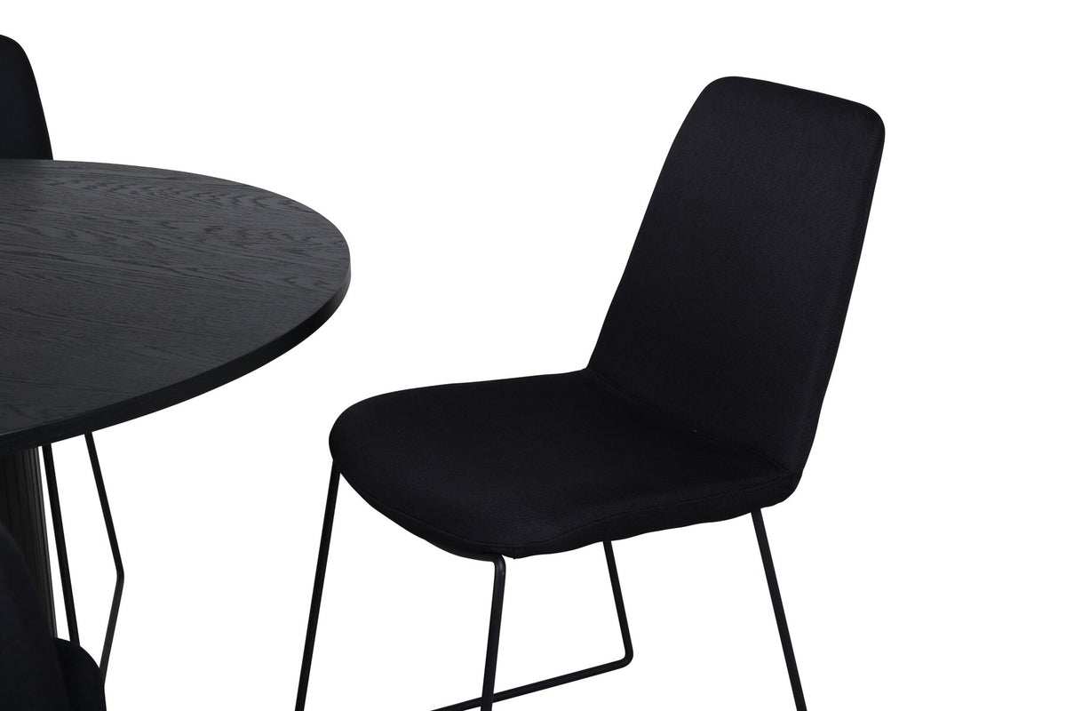 Schwarzes Bartischset Bianca mit vier Muce-Stühlen, Tischplatte aus MDF mit Furnier, Stuhlbeine aus schwarzem Metall, Sitz aus Polyester.