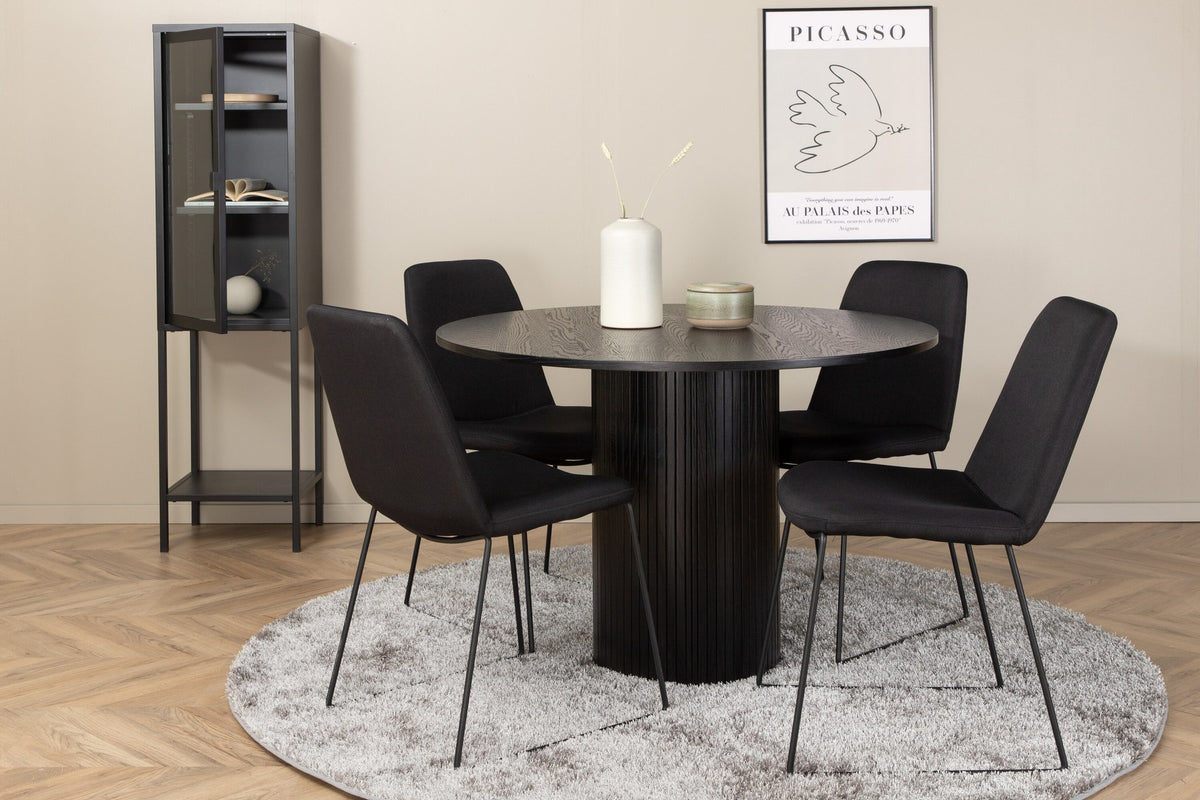 Schwarzes Bartischset Bianca mit vier Muce-Stühlen, Tischplatte aus MDF mit Furnier, Stuhlbeine aus schwarzem Metall, Sitz aus Polyester.