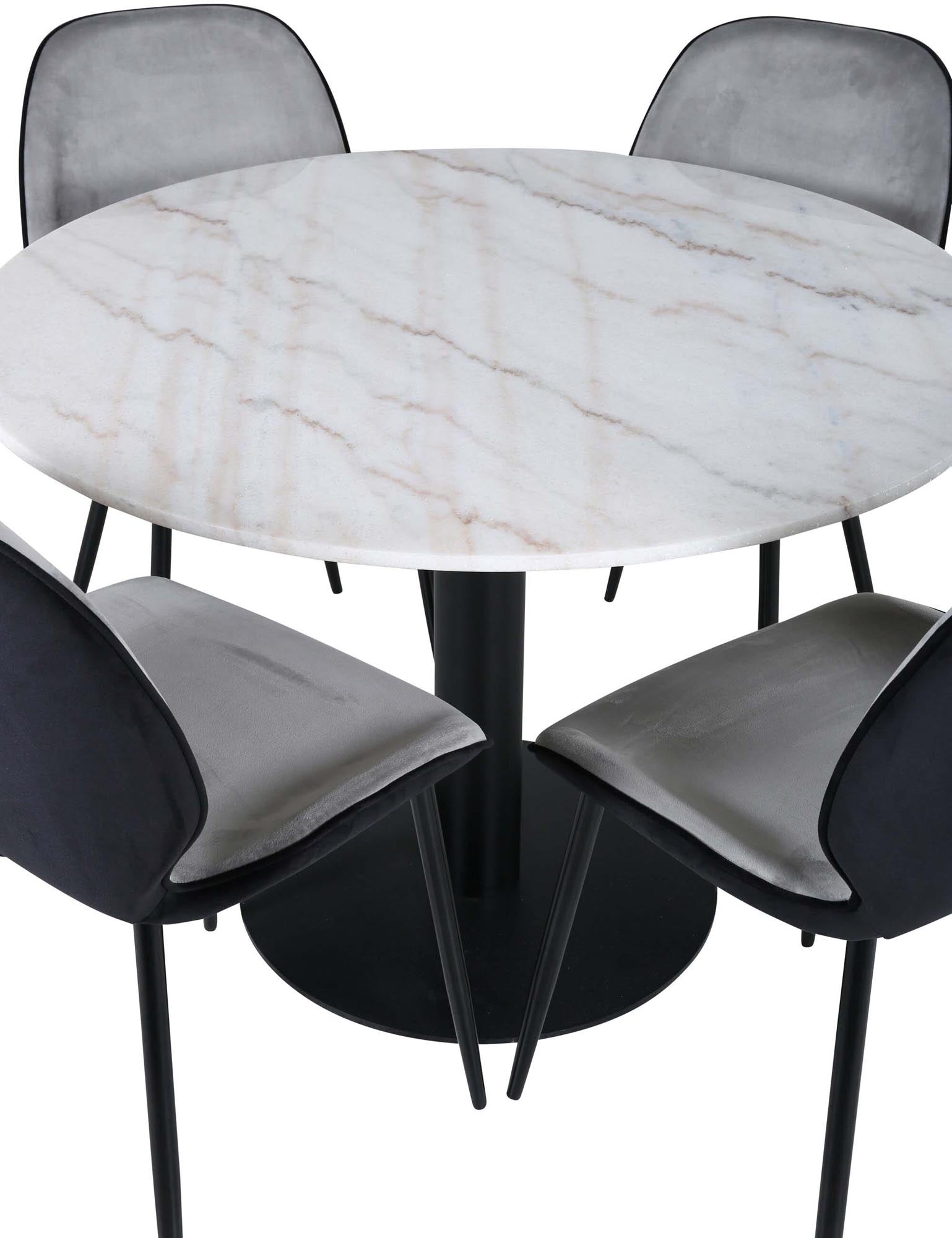 Elegantes Esszimmerset Estelle + Emma mit luxuriöser Marmorplatte und stilvollen Samtstühlen – perfekt für gesellige Momente und modernes Wohnen.