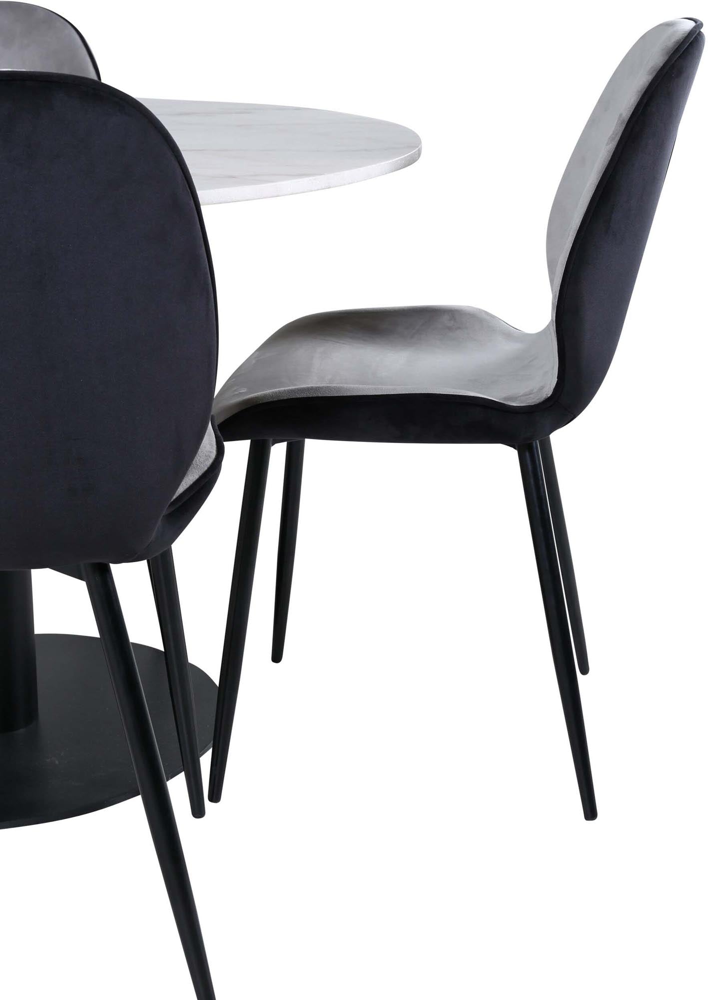 Stilvolles Esszimmerset Estelle + Emma mit runder Marmorplatte und bequemen Samtstühlen – ideal für gesellige Abende und moderne Wohnräume.