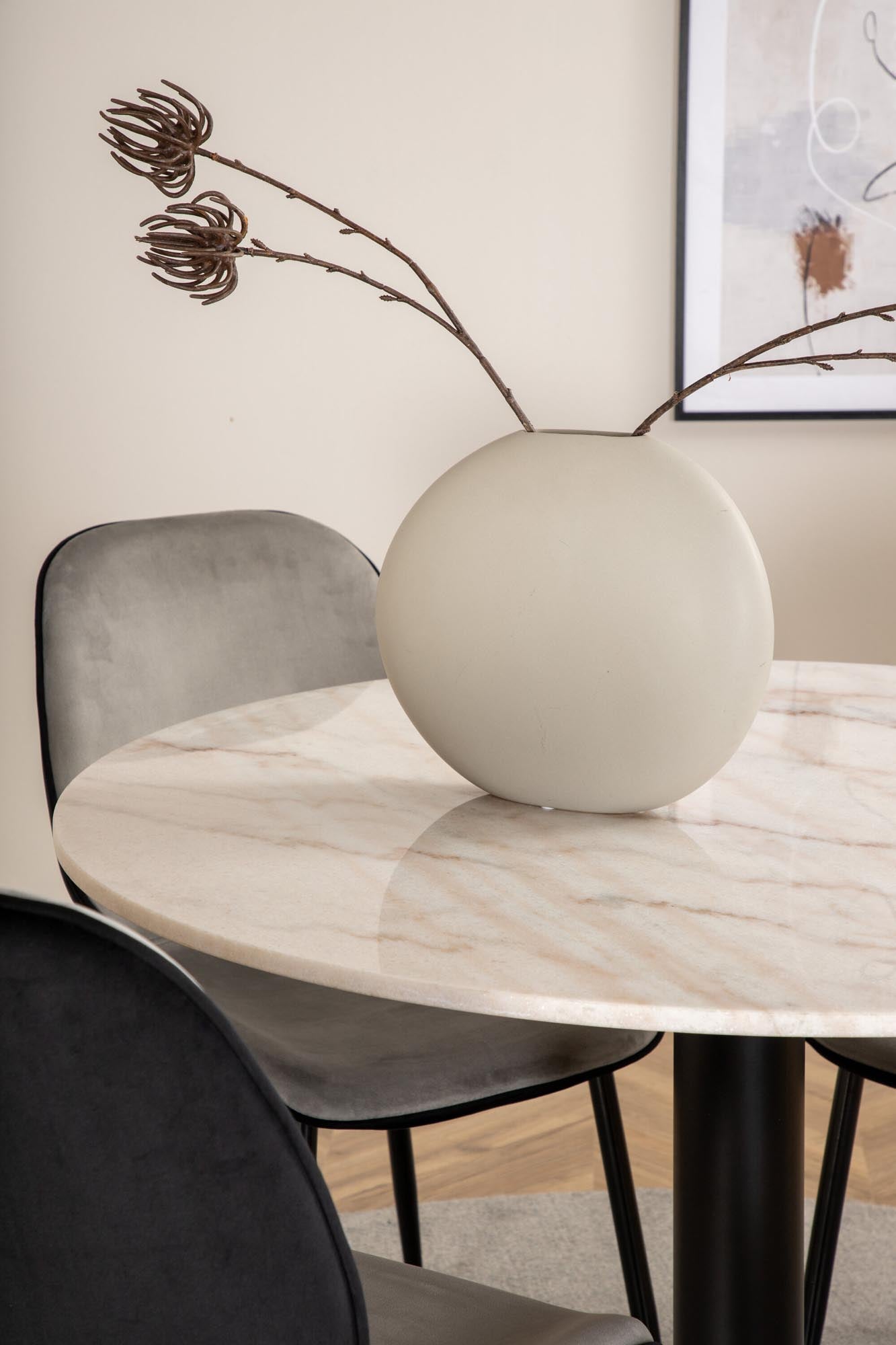 Elegantes Esszimmerset Estelle + Emma mit luxuriöser Marmorplatte und stilvollen Samtstühlen für gesellige Momente in Ihrem Zuhause.