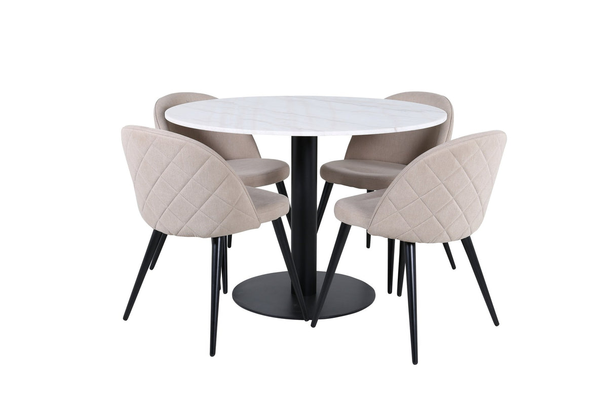 Rundes Esszimmerset mit weisser Marmor-Tischplatte ⌀106 cm und zwei gepolsterten Stühlen in Beige mit schwarzen Metallbeinen.
