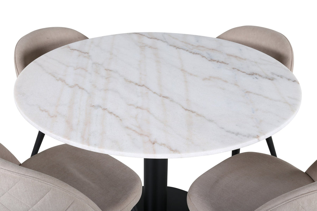 Rundes Esszimmerset mit weisser Marmor-Tischplatte ⌀106 cm und zwei gepolsterten Stühlen in Beige mit schwarzen Metallbeinen.